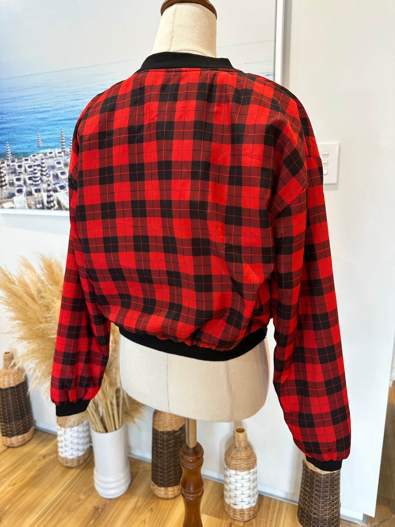 Bomber Jacket - Red + Black Gingham - Size 8