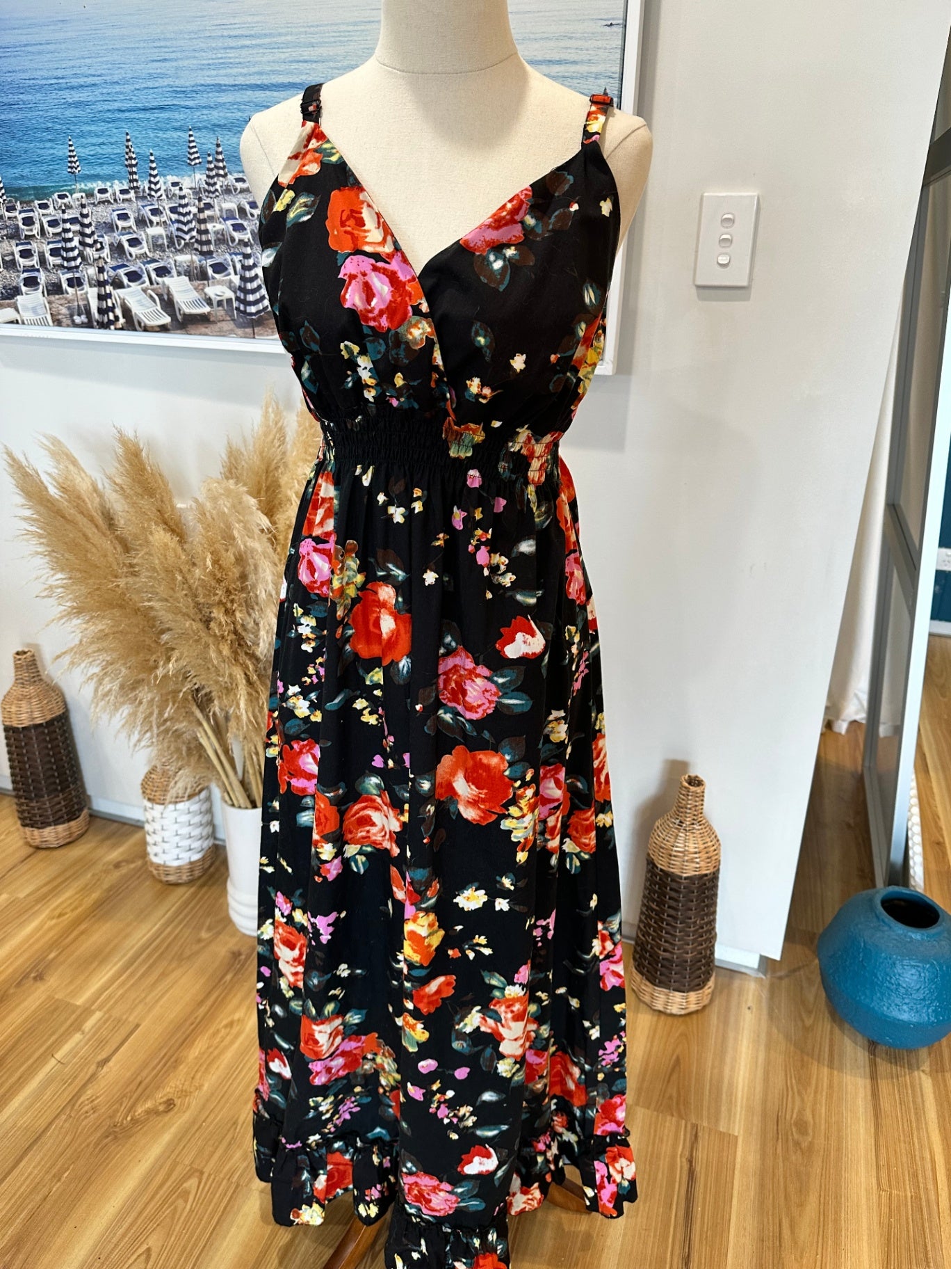 Black Dress w Rose Print - Medium / Large