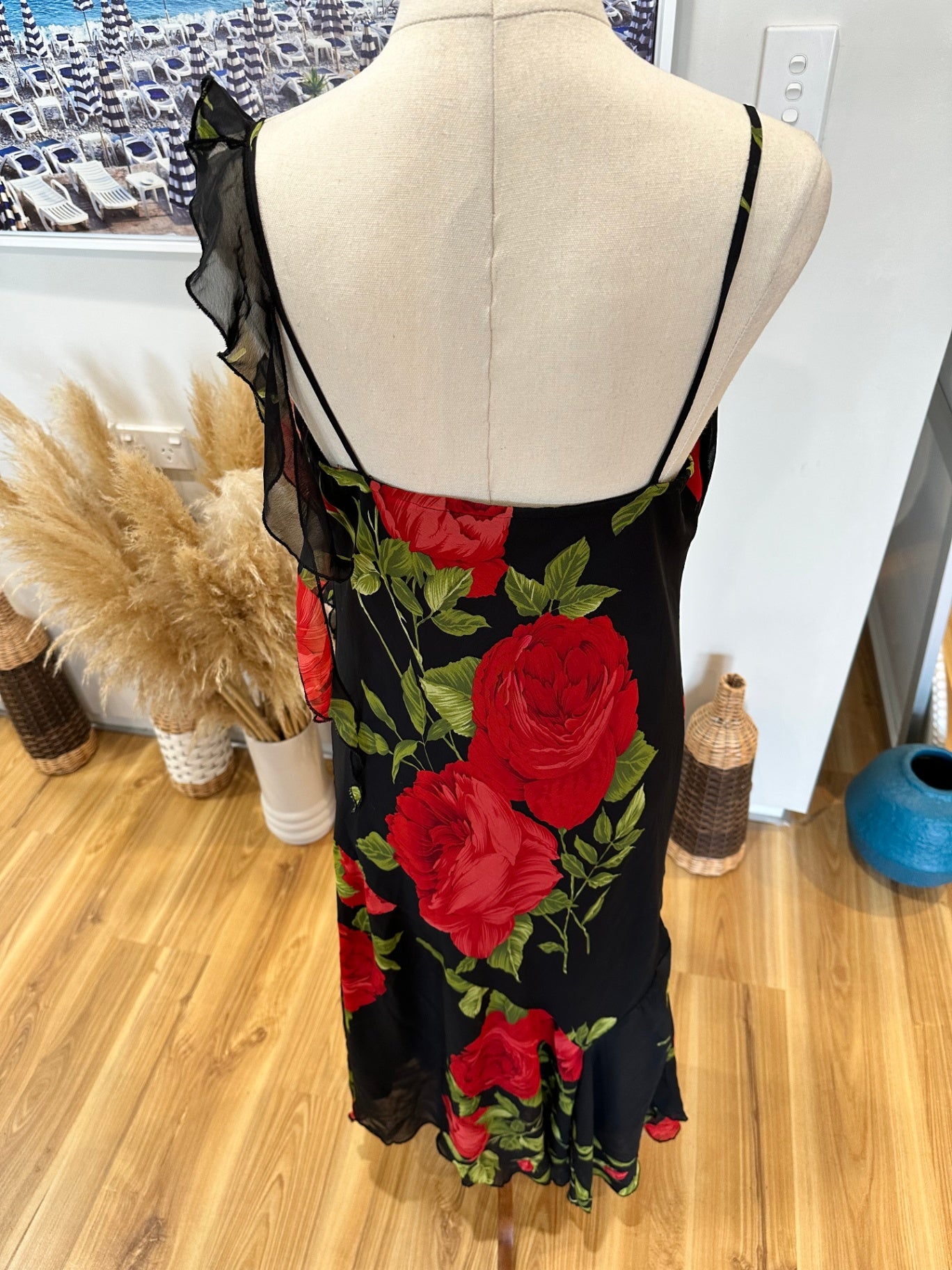 Flirt Alert - Dress - Size 12 - Black with Red and Green floral pattern