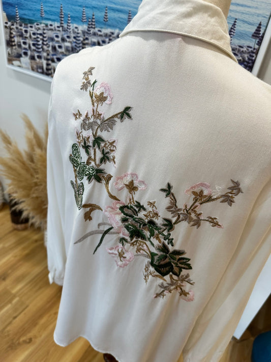 Cream Blouse - w Embroidery Butterflies - Approx Size 12