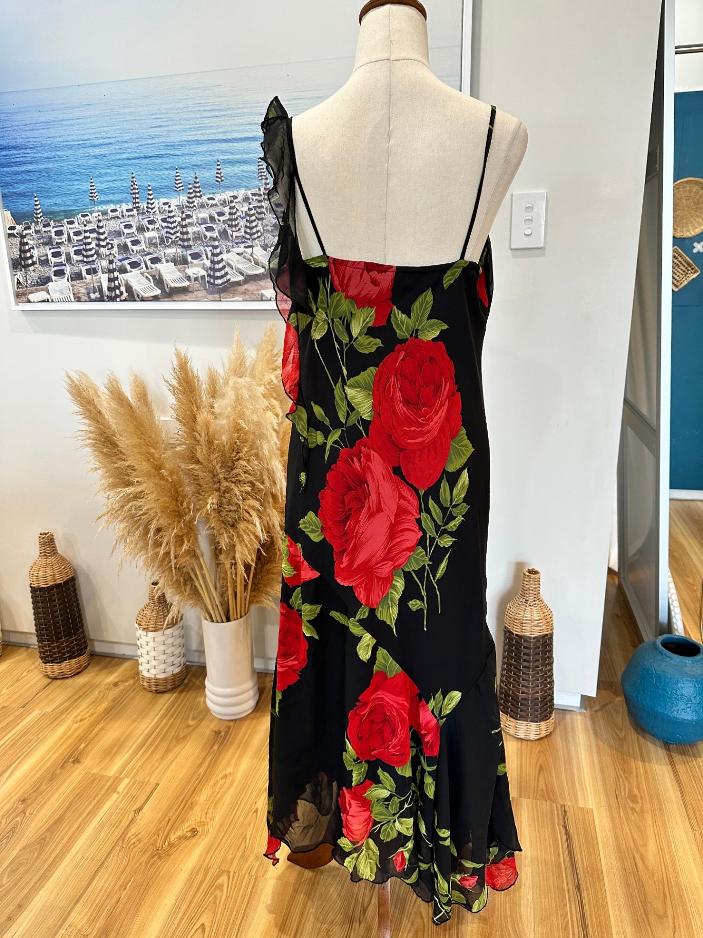 Flirt Alert - Dress - Size 12 - Black with Red and Green floral pattern