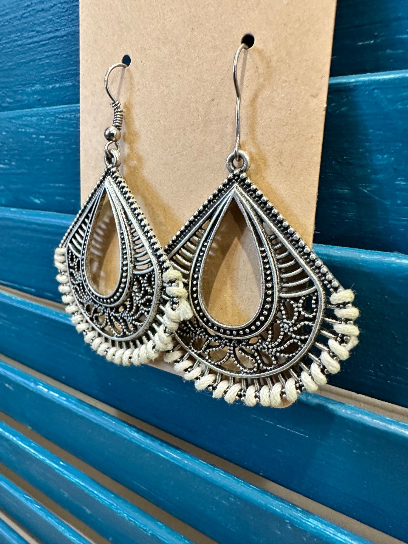 Earrings - Silver and Cream - Woven Feature
