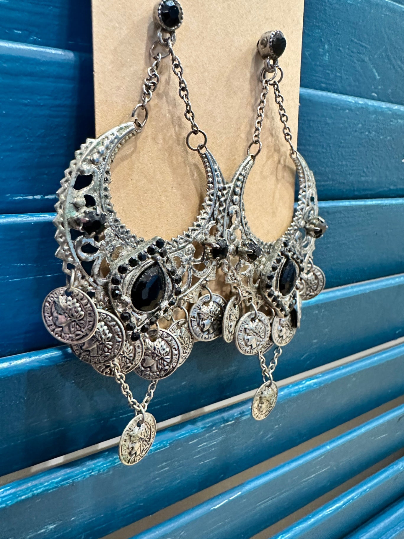 Earrings - Black + Silver - Greek style Medallions