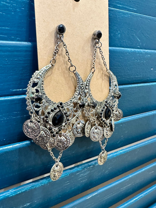 Earrings - Black + Silver - Greek style Medallions