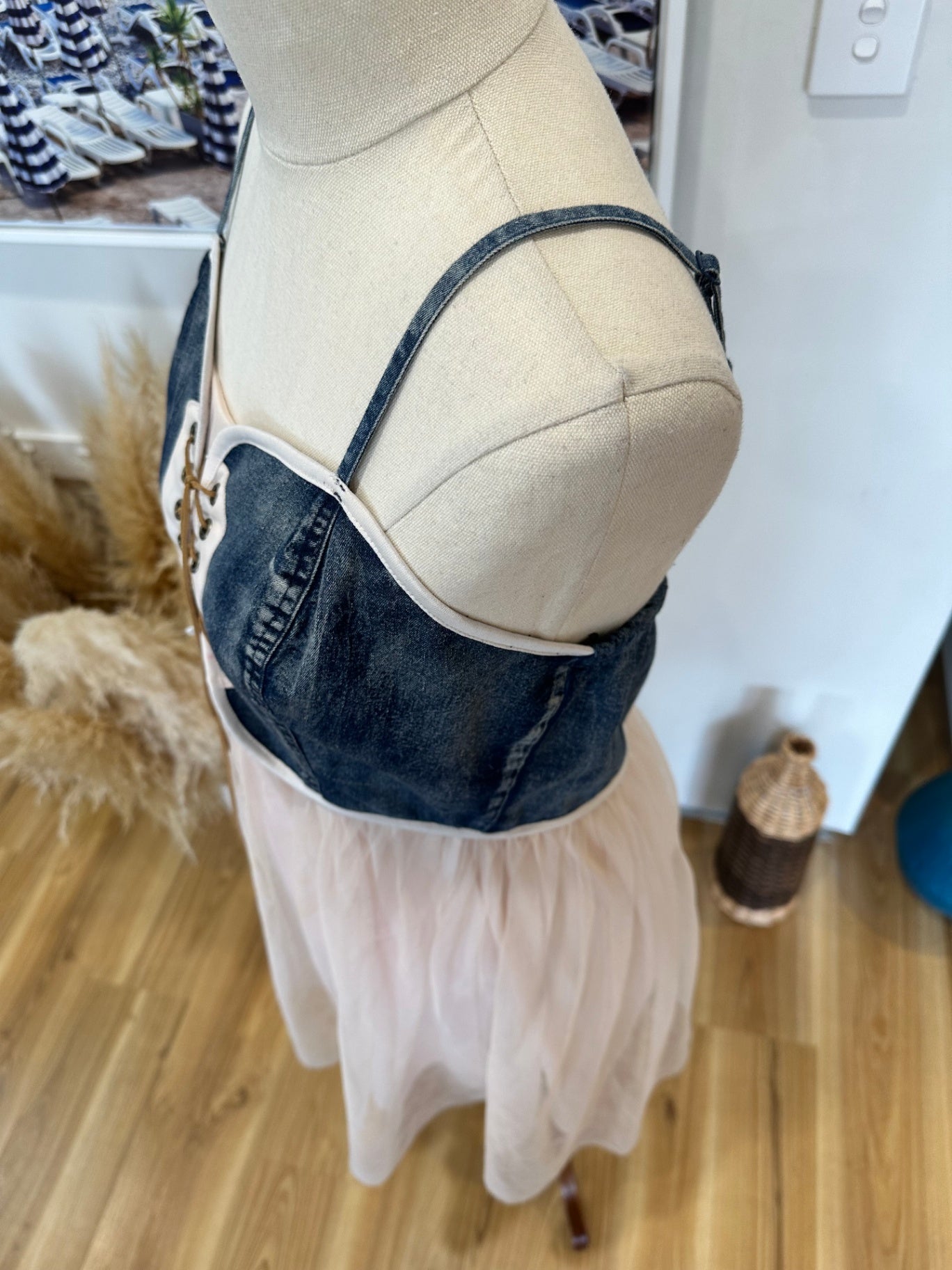 Dress - Tulle Skirt with Denim Bodice - Blush Pink + Blue - Medium