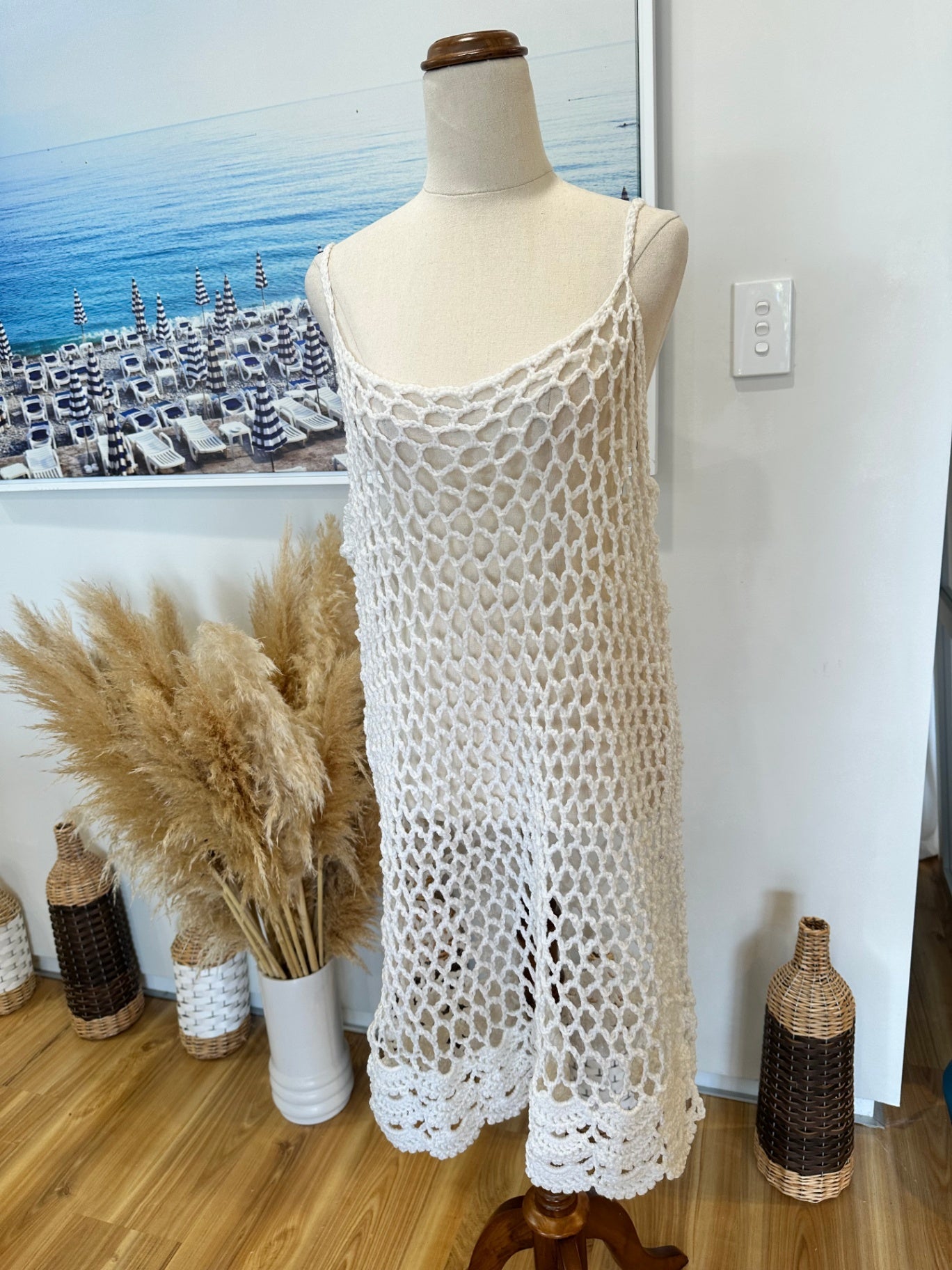 Beach Cover Up - One Size - Crochet - White / Cream