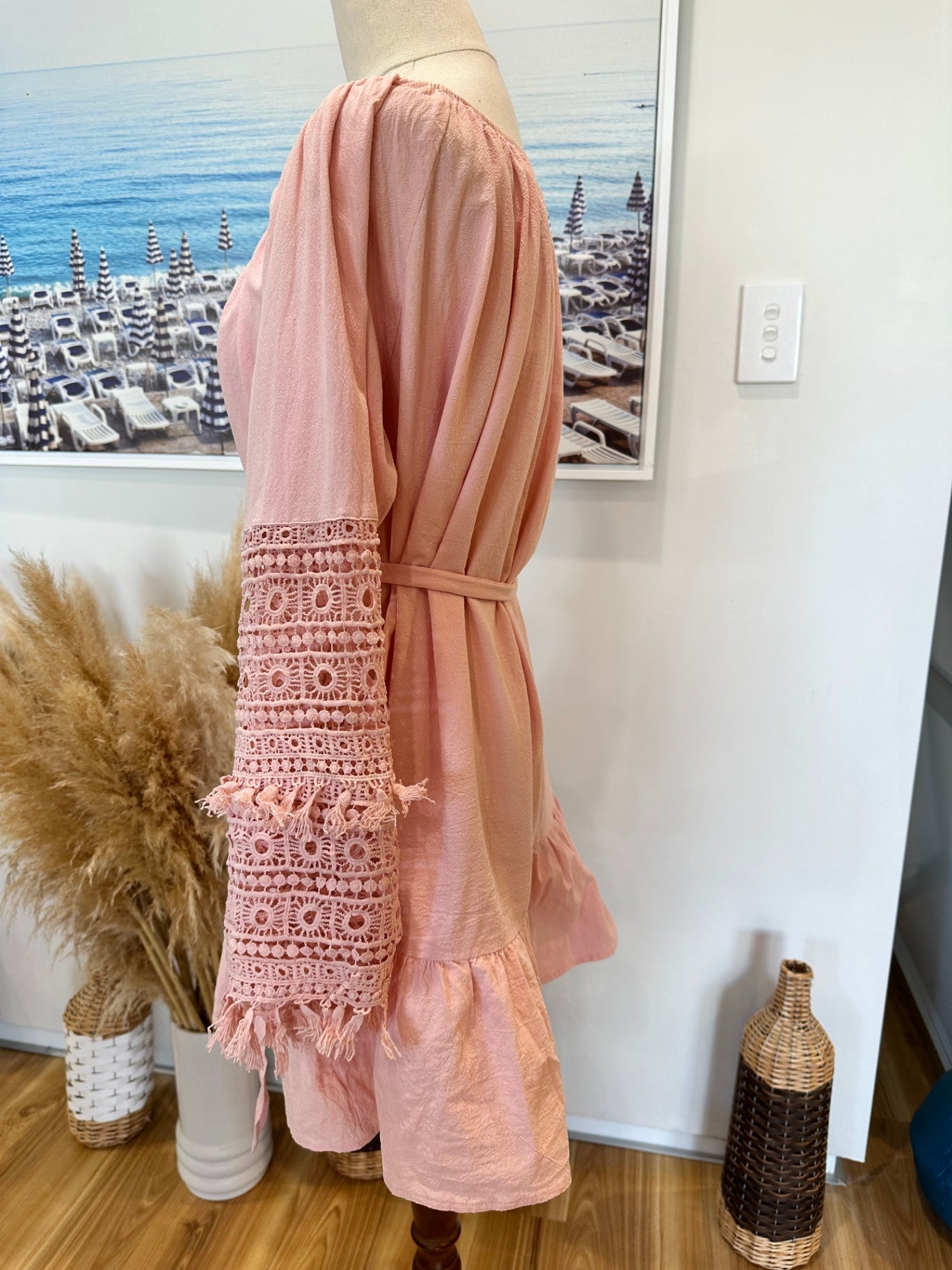 Bohemian Long Sleeve Dress - Large - Pink
