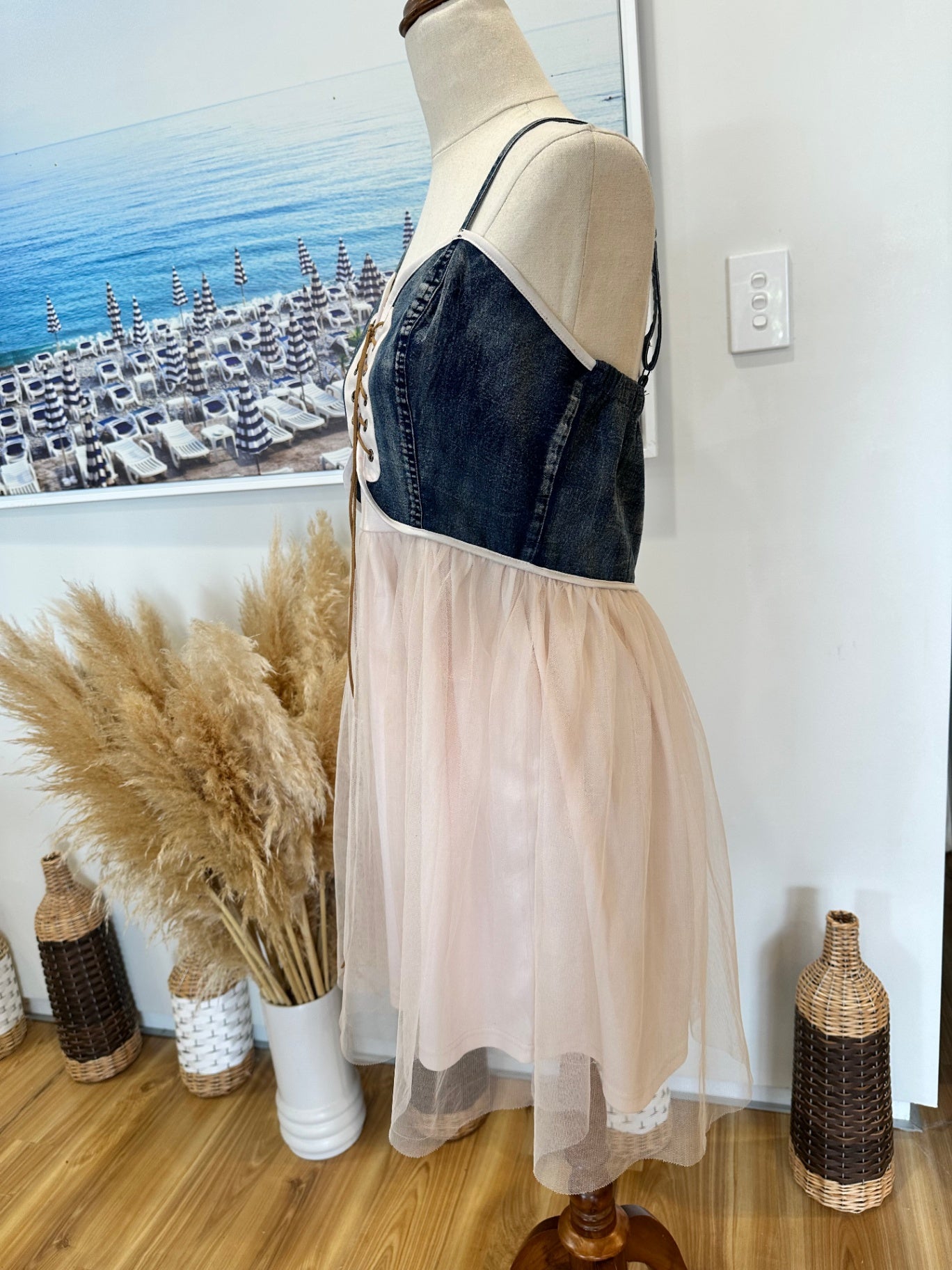 Dress - Tulle Skirt with Denim Bodice - Blush Pink + Blue - Medium