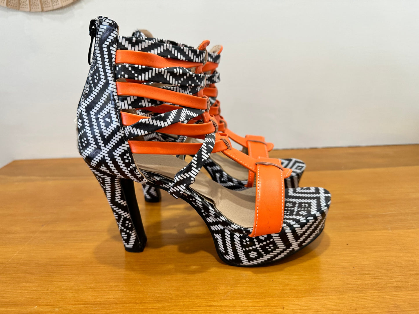 Aztec Print + Orange - Platform feature High Heels - Size 39