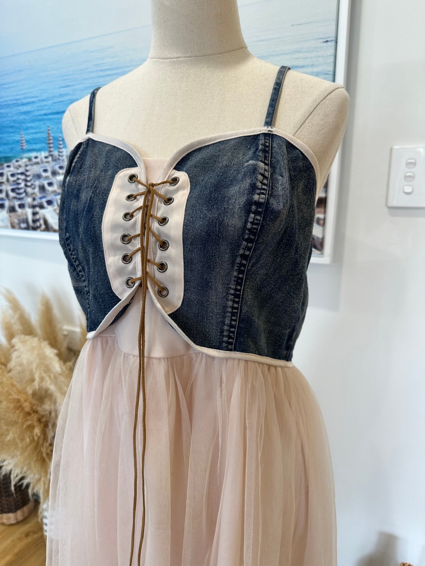 Dress - Tulle Skirt with Denim Bodice - Blush Pink + Blue - Medium