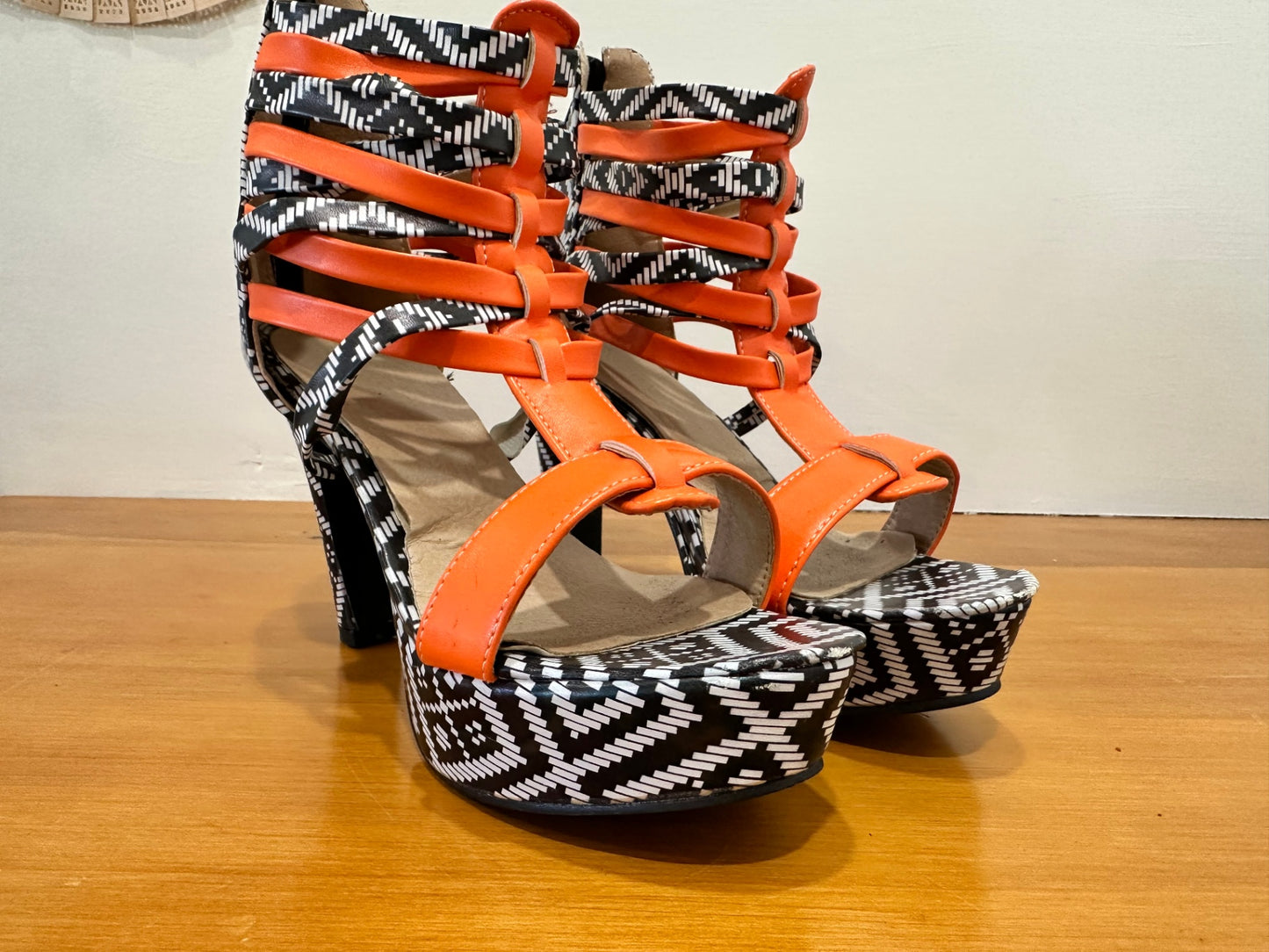 Aztec Print + Orange - Platform feature High Heels - Size 39