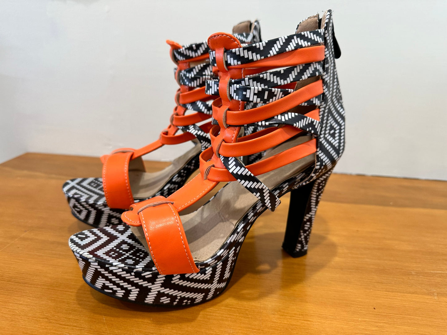 Aztec Print + Orange - Platform feature High Heels - Size 39