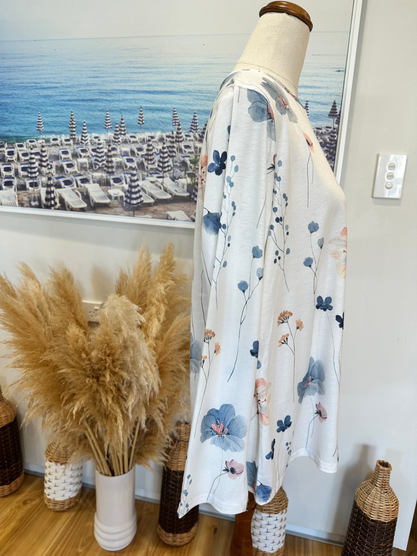 Longsleeve Top - Large - Blue + Cream florals