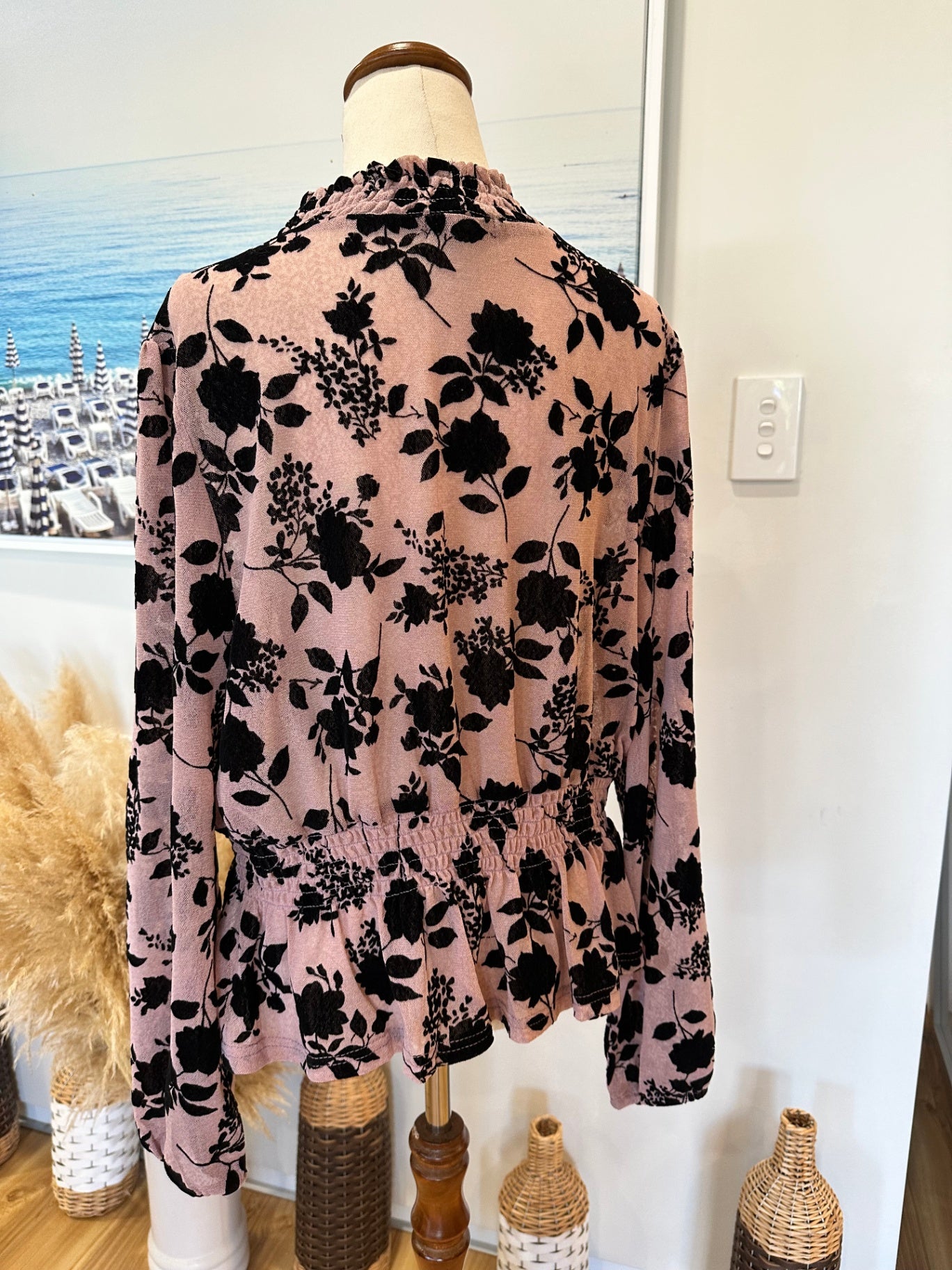 Caroline Morgan Blouse - Size 12 - Rose Pink and Black