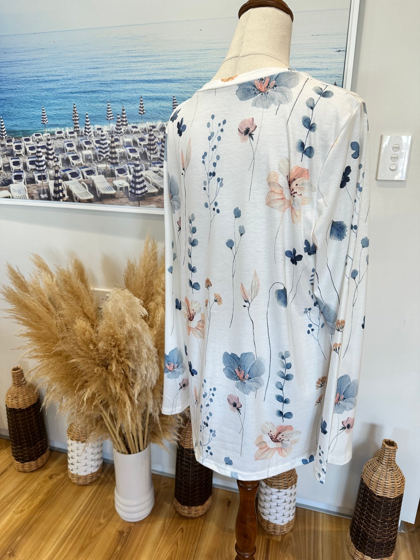 Longsleeve Top - Large - Blue + Cream florals