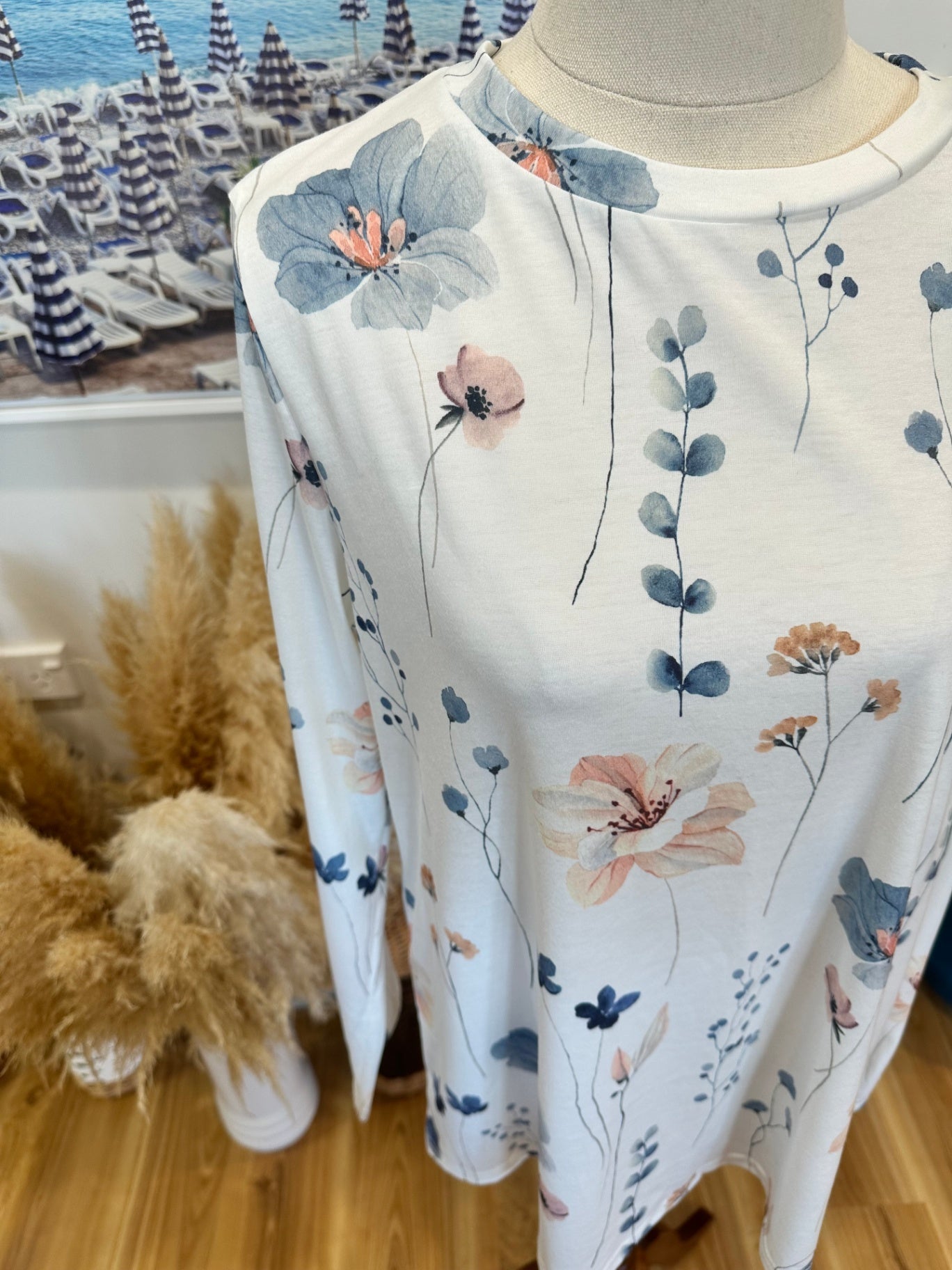 Longsleeve Top - Large - Blue + Cream florals