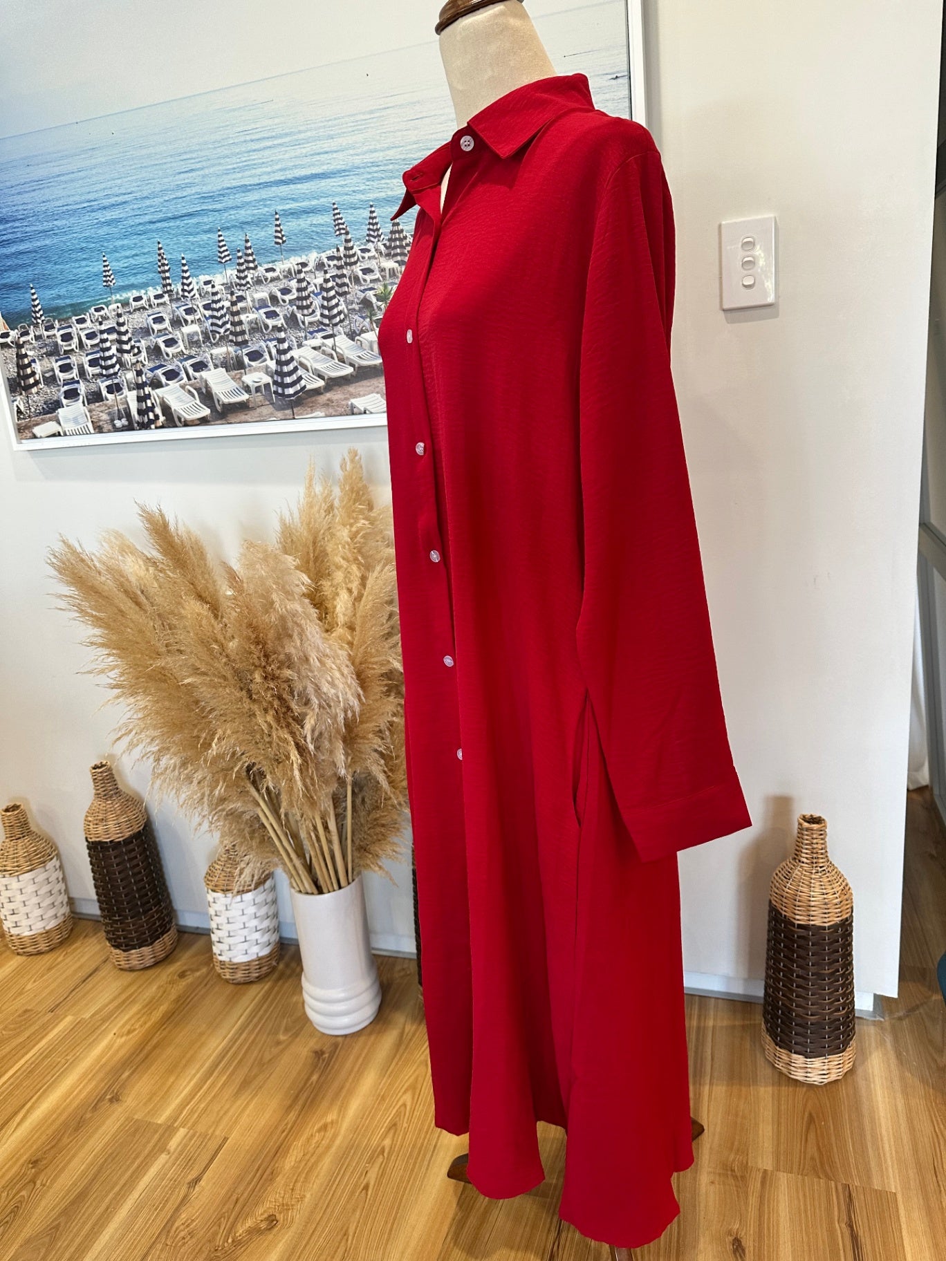 Shirt Dress with Pockets - Large - Red