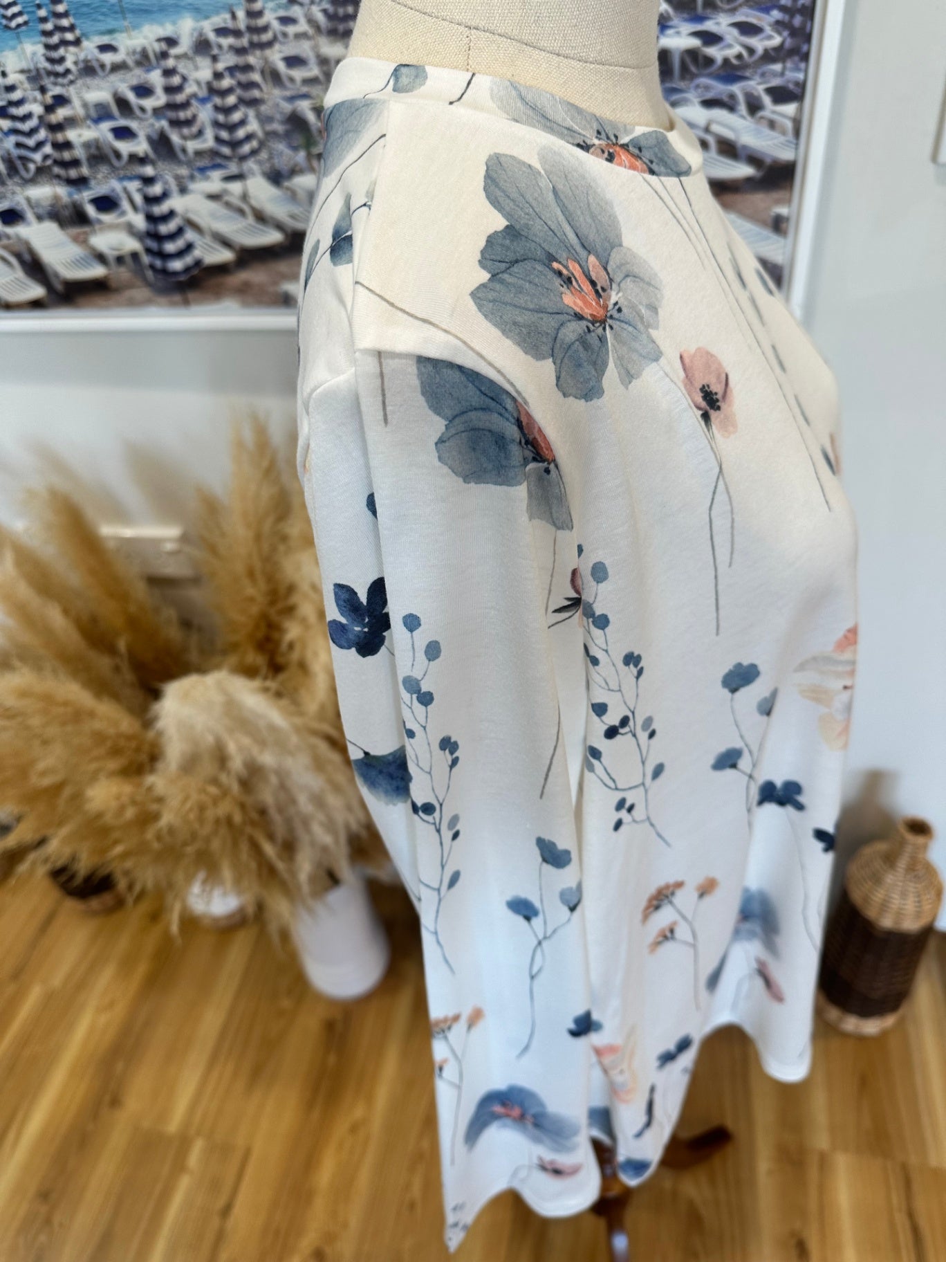 Longsleeve Top - Large - Blue + Cream florals
