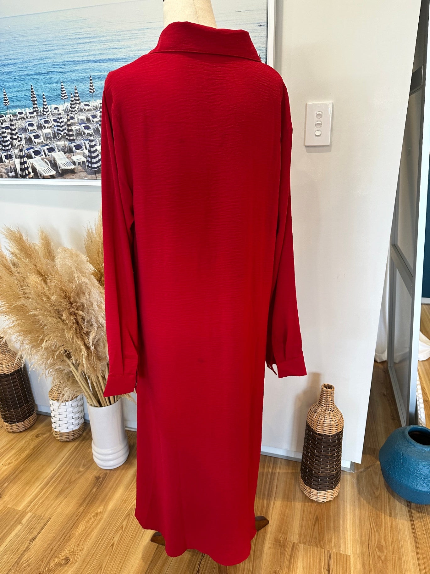Shirt Dress with Pockets - Large - Red