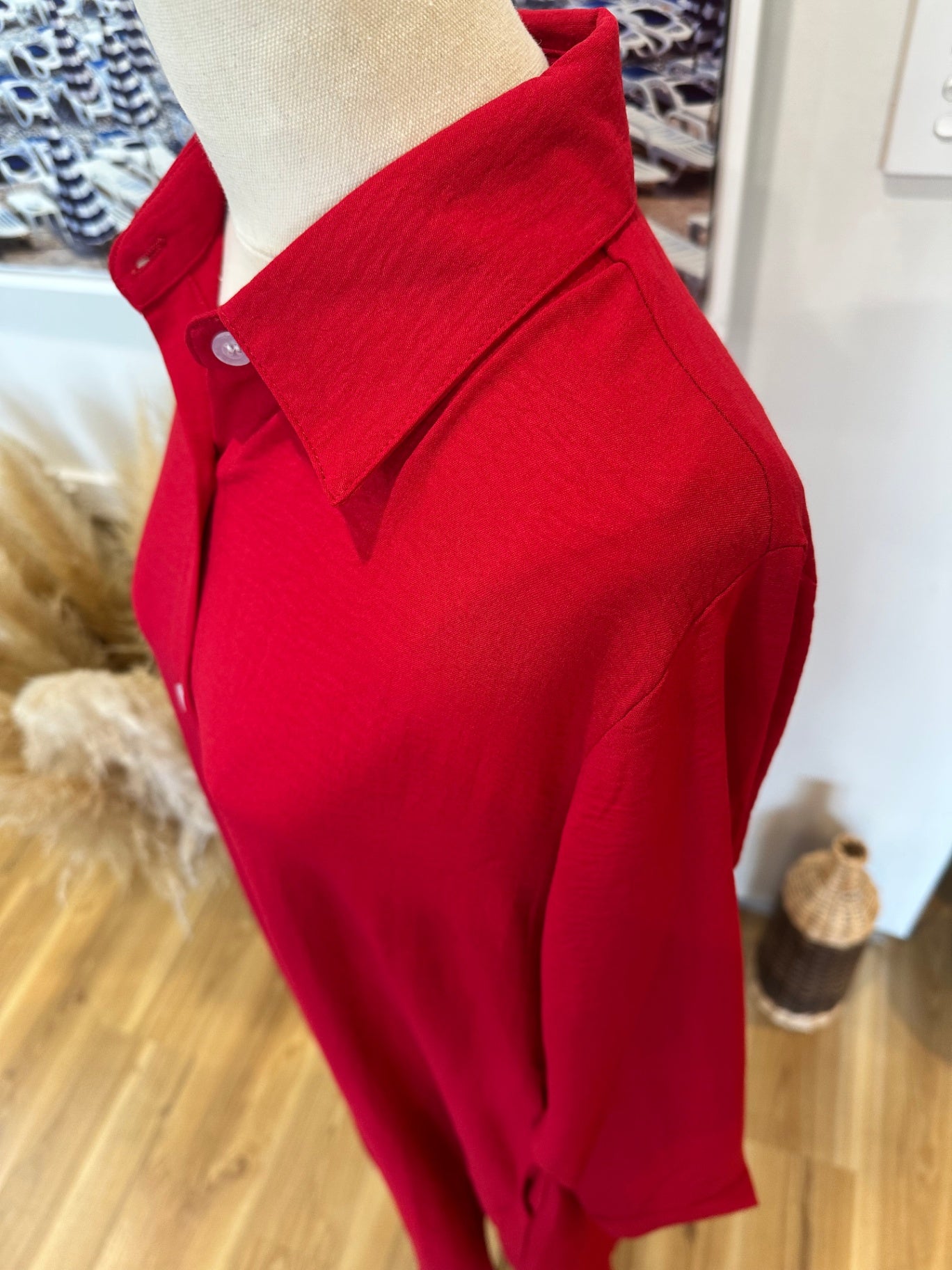 Shirt Dress with Pockets - Large - Red