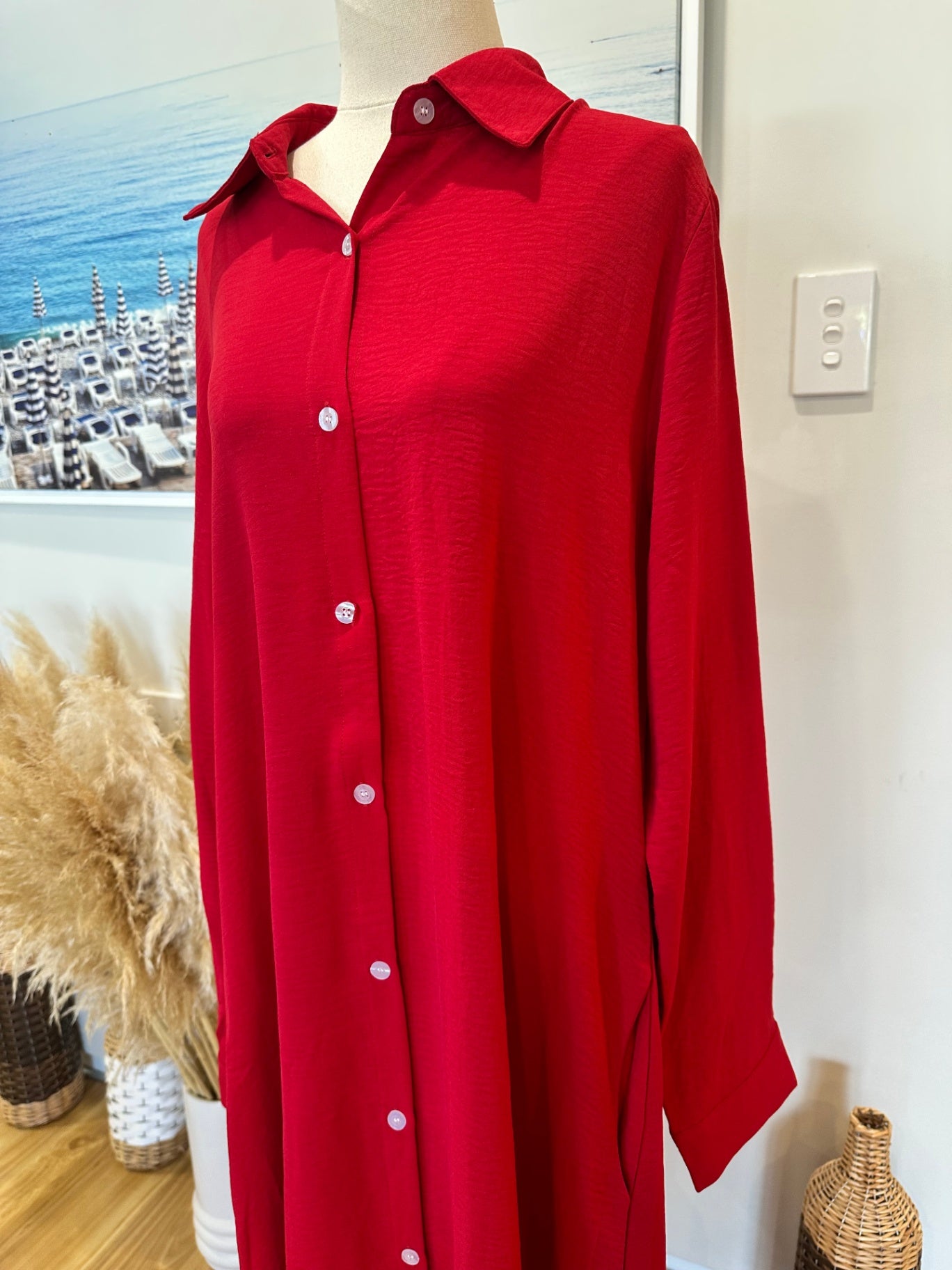 Shirt Dress with Pockets - Large - Red