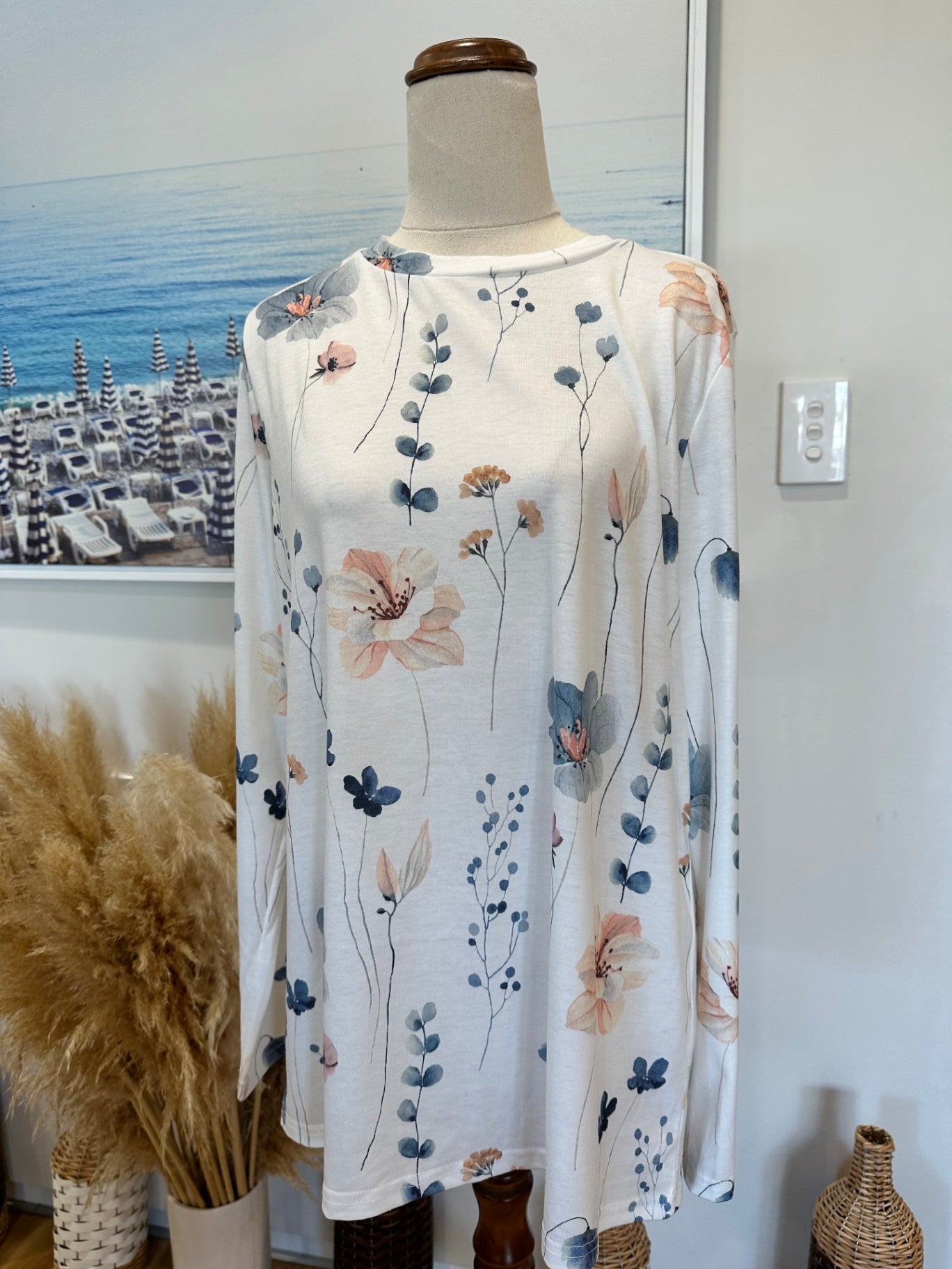 Longsleeve Top - Large - Blue + Cream florals