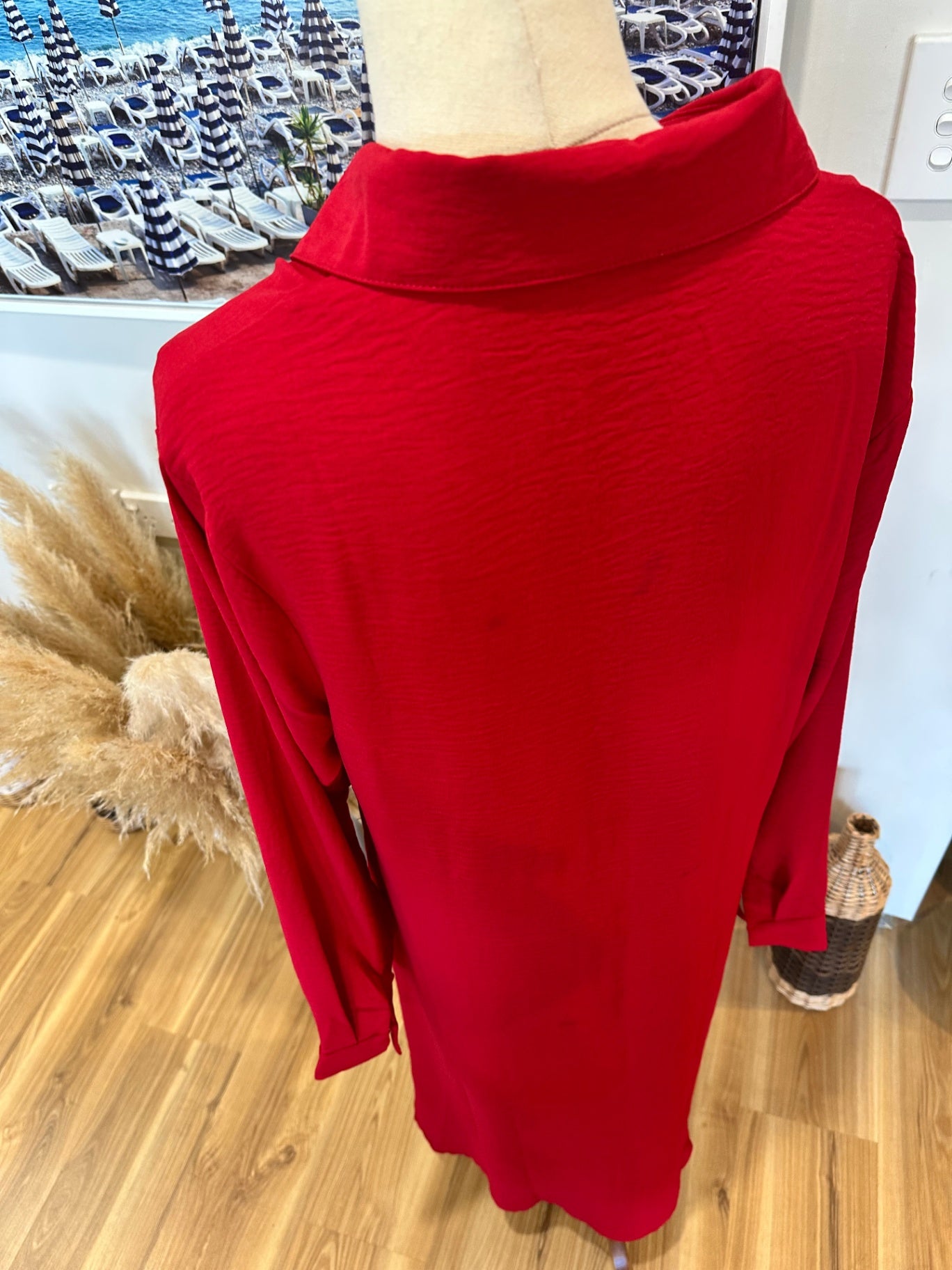 Shirt Dress with Pockets - Large - Red
