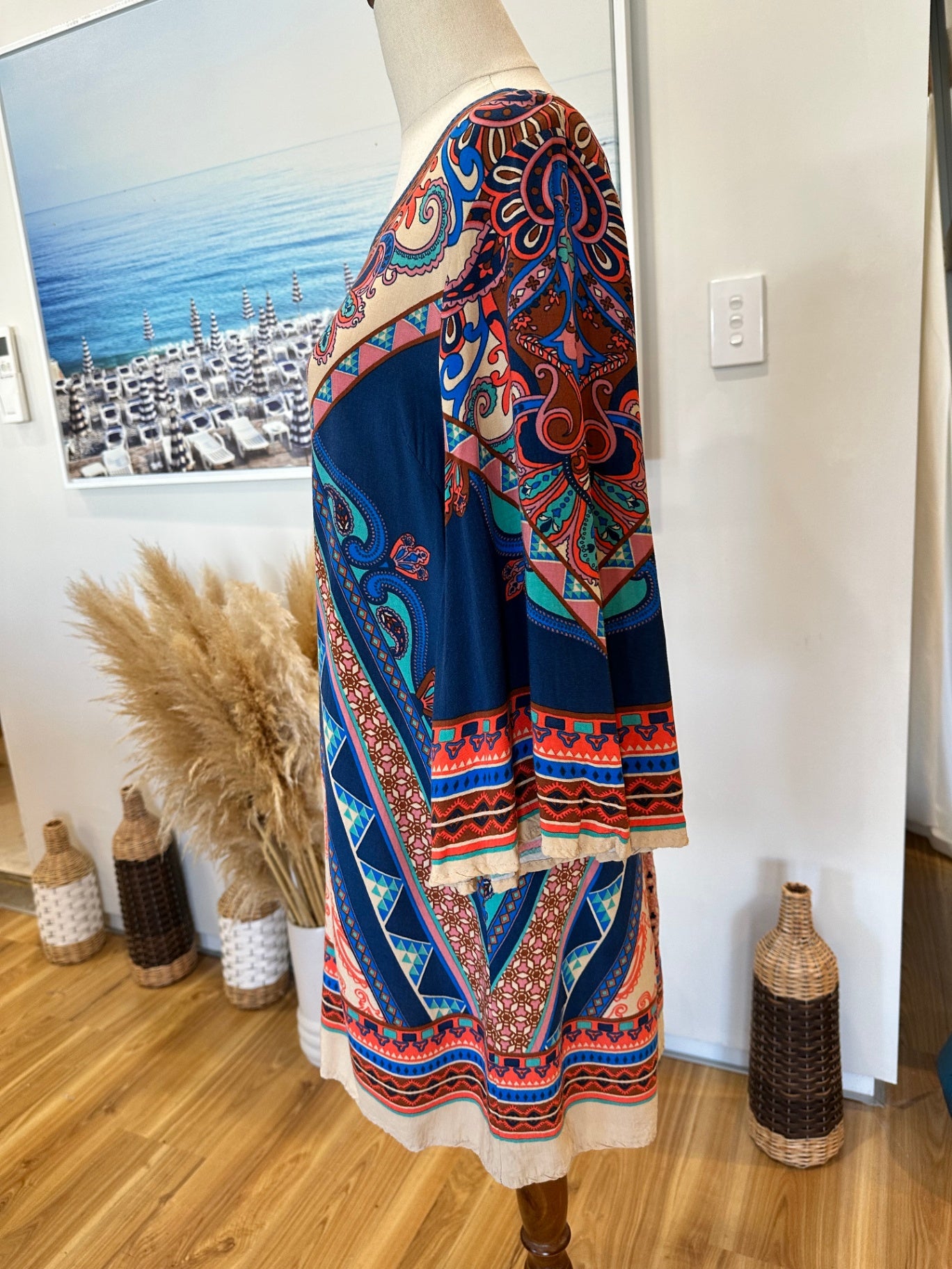 Flying Tomato - Bohemian Blouse (or short dress) w Bell Sleeves - Large - Multicoloured
