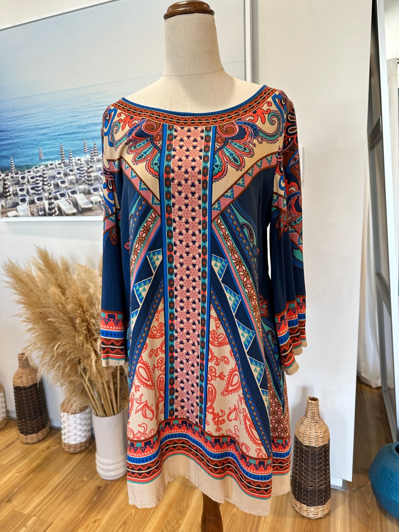 Flying Tomato - Bohemian Blouse (or short dress) w Bell Sleeves - Large - Multicoloured