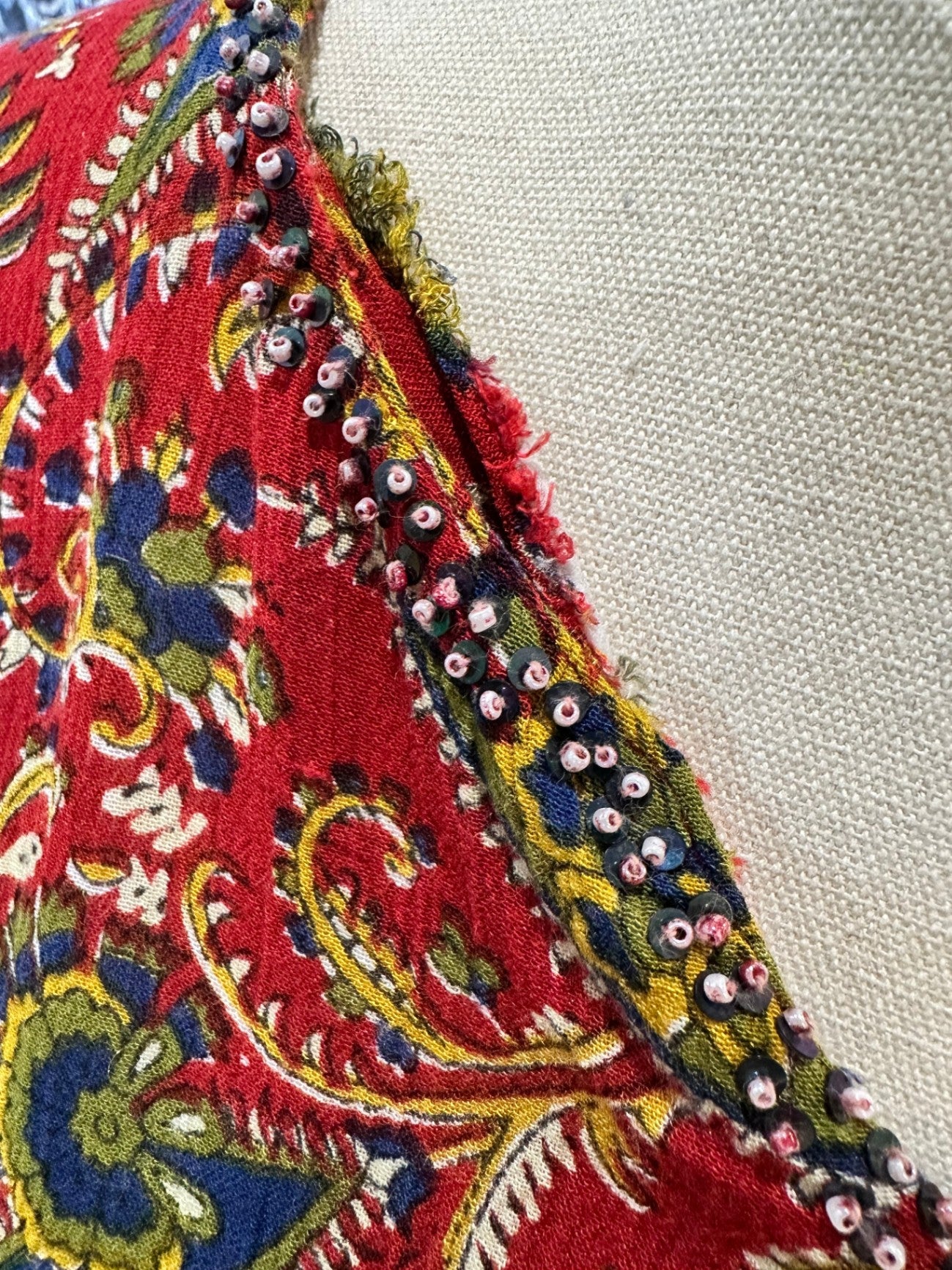 Bohemian Blouse - Red w Bead Neckline - Small