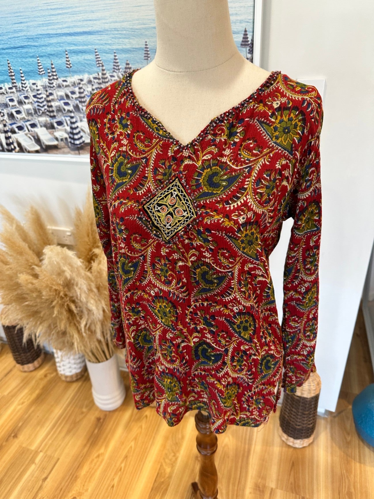 Bohemian Blouse - Red w Bead Neckline - Small