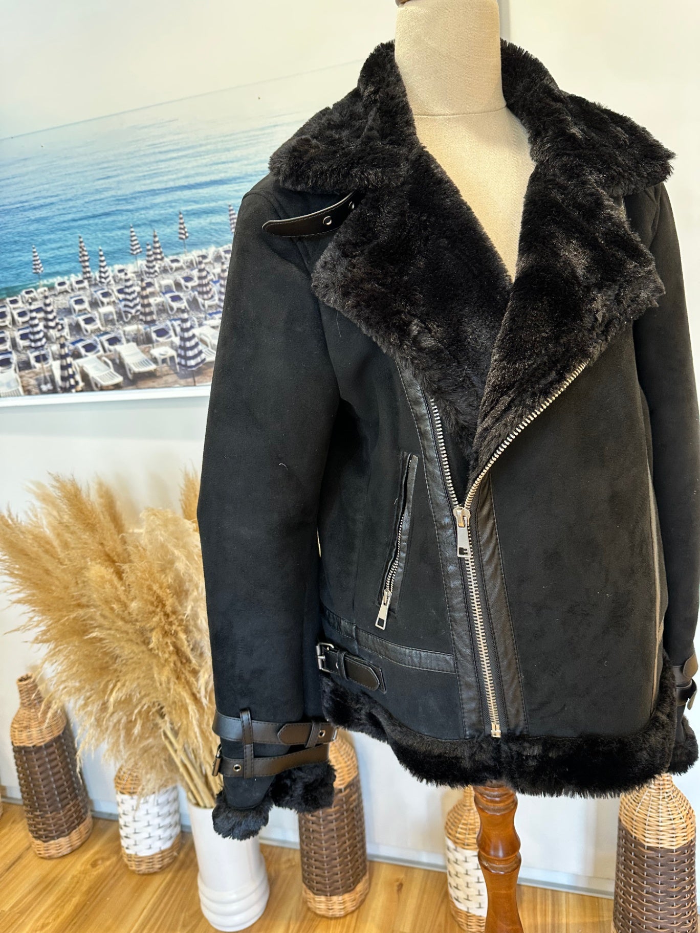 Coat - Faux Fur & Suede - Medium - Black
