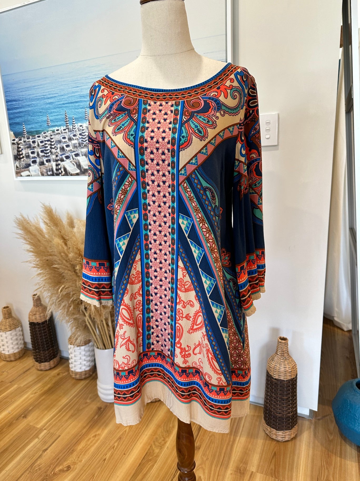 Flying Tomato - Bohemian Blouse (or short dress) w Bell Sleeves - Large - Multicoloured