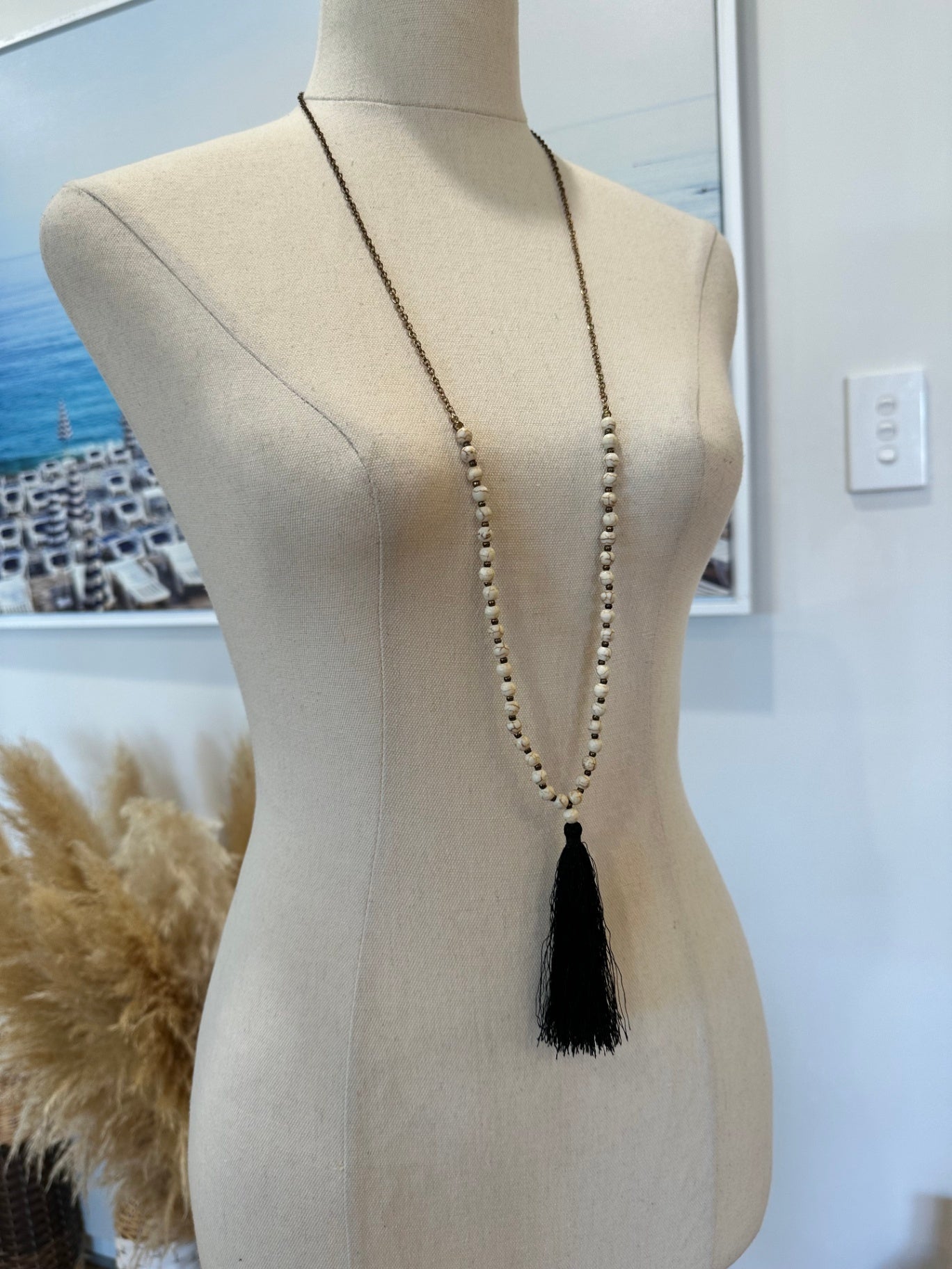 Tassel Necklace - Beige + Black