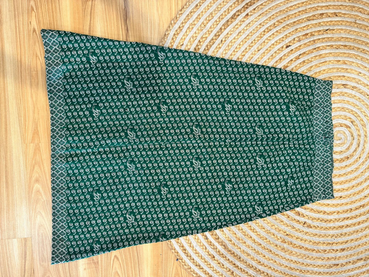 Vintage Bohemian A-Line Skirt - Green / White - 100% Cotton