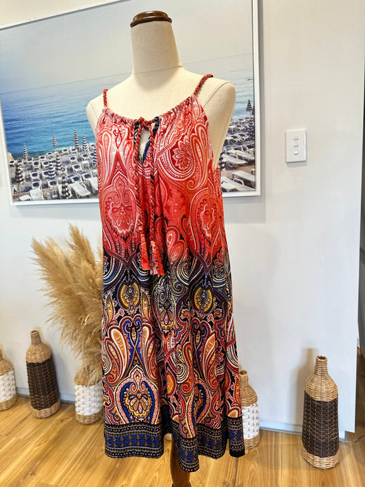 Bohemian Summer Dress - Medium - Paisley Red, Black, Yellow, Blue + White