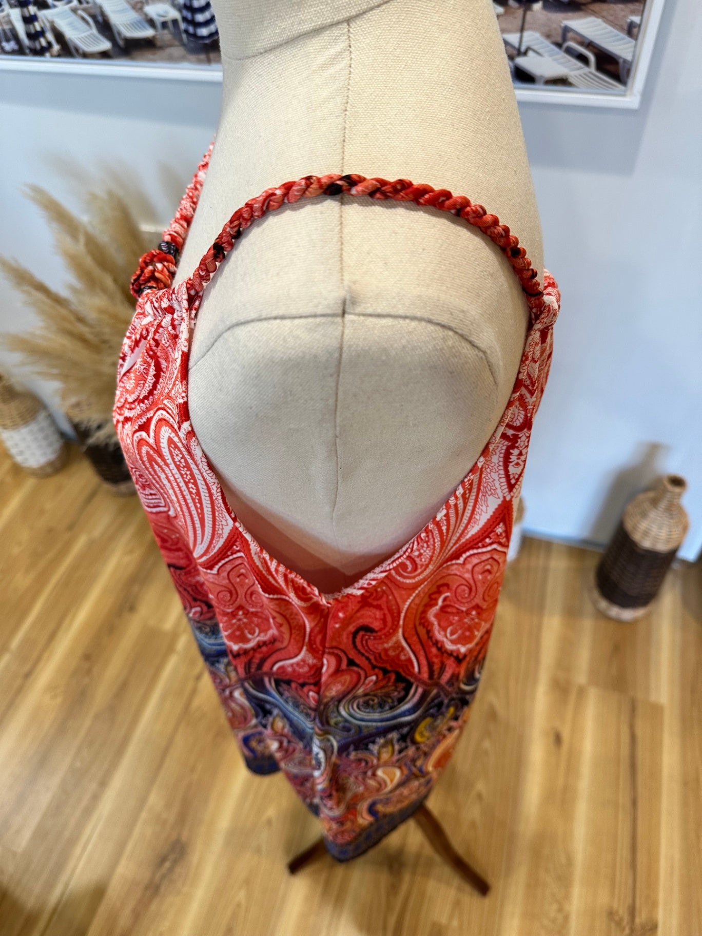 Bohemian Summer Dress - Medium - Paisley Red, Black, Yellow, Blue + White