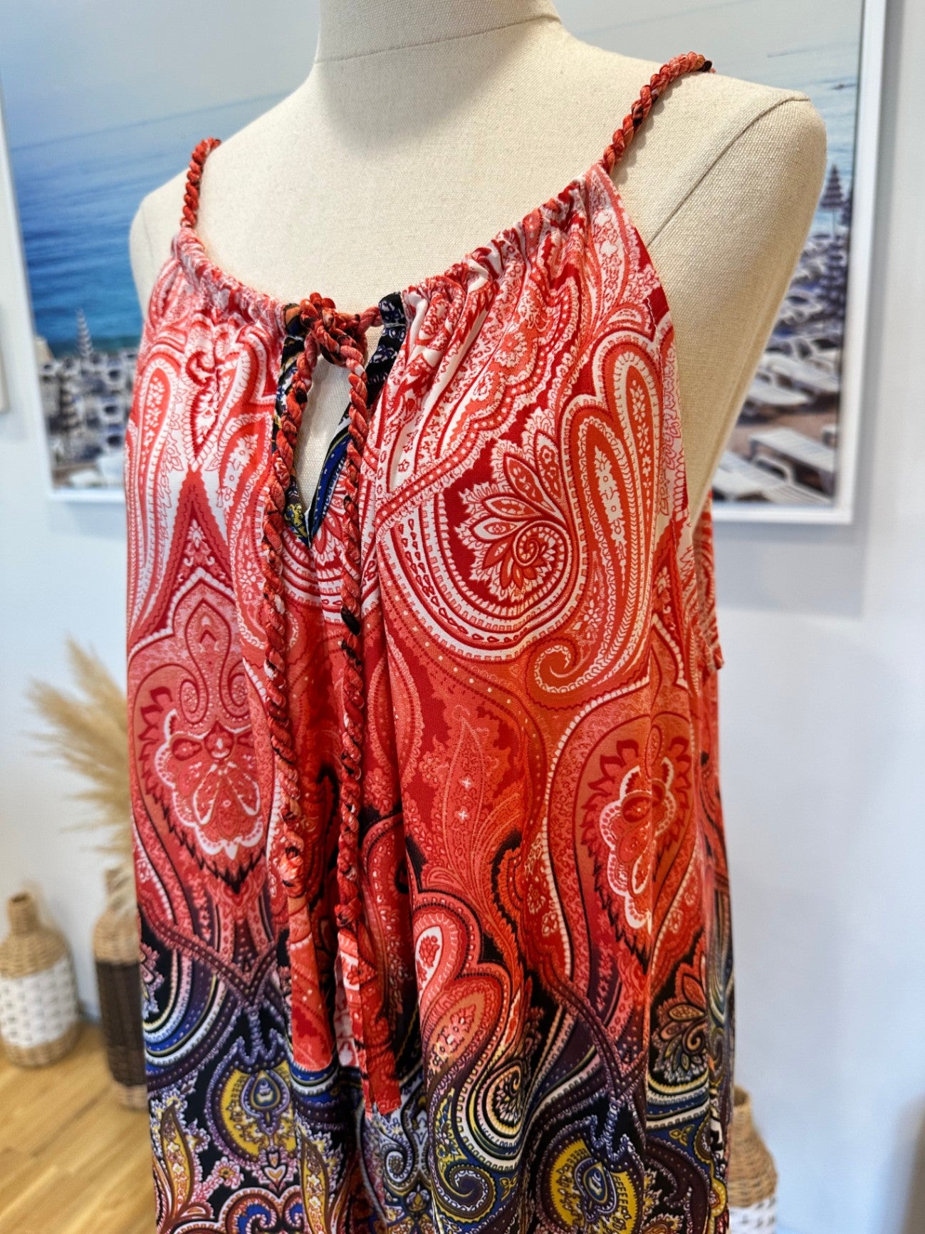 Bohemian Summer Dress - Medium - Paisley Red, Black, Yellow, Blue + White