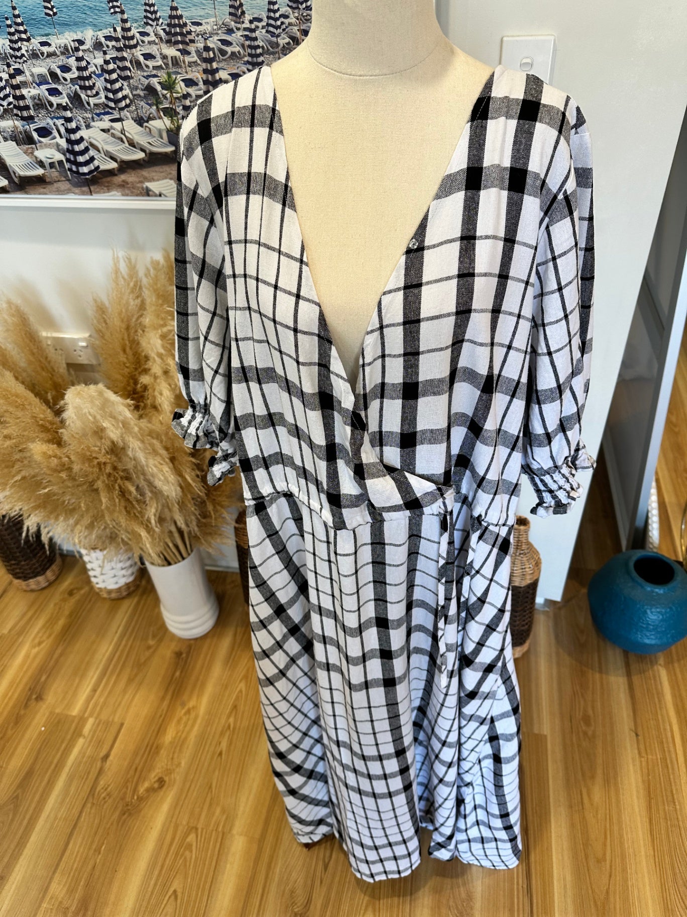 Spirit - Checked Black + White Dress - Size 16 - 30% Linen