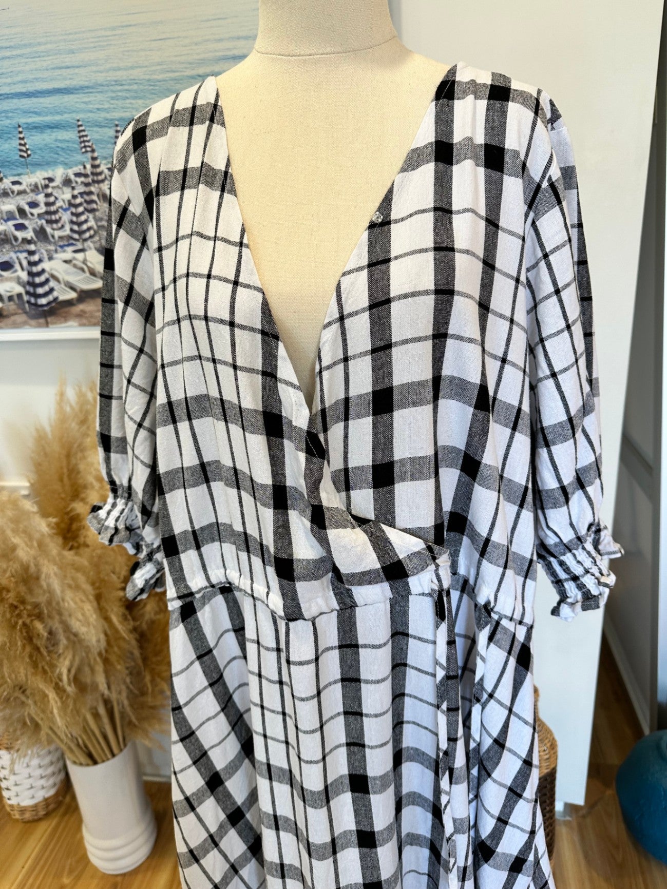 Spirit - Checked Black + White Dress - Size 16 - 30% Linen