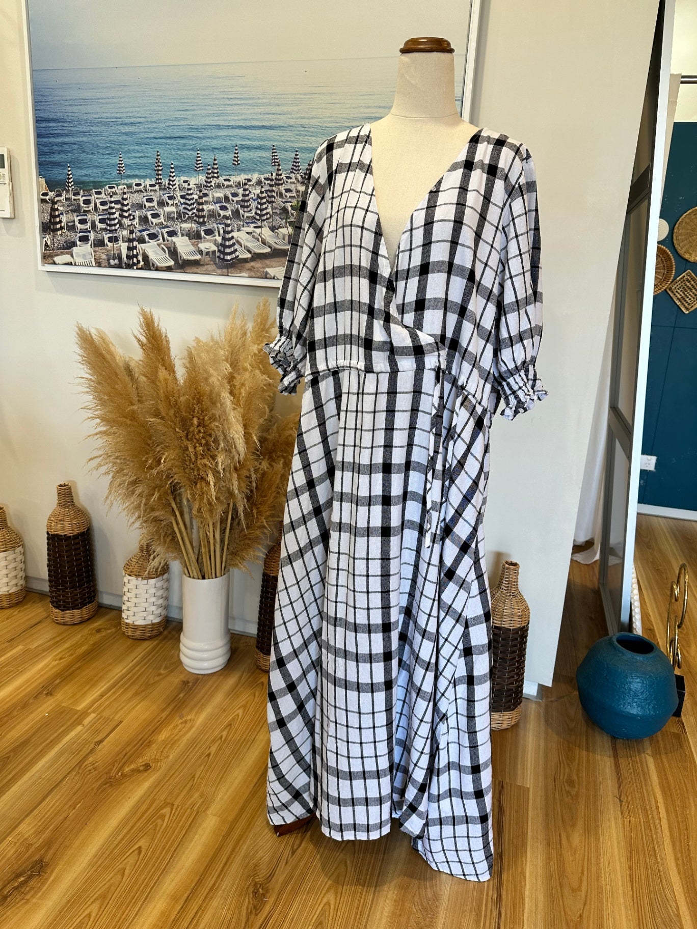 Spirit - Checked Black + White Dress - Size 16 - 30% Linen