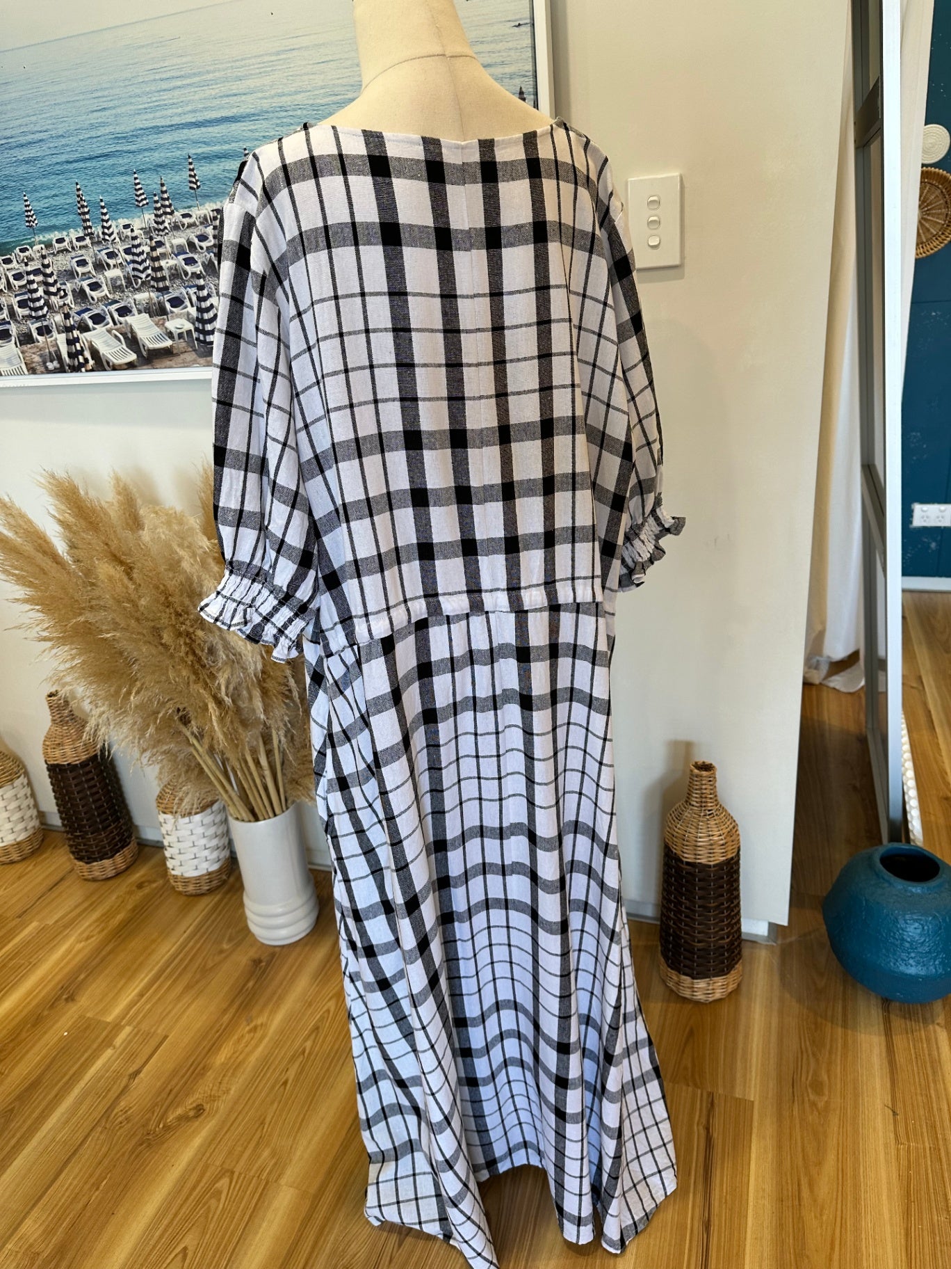 Spirit - Checked Black + White Dress - Size 16 - 30% Linen