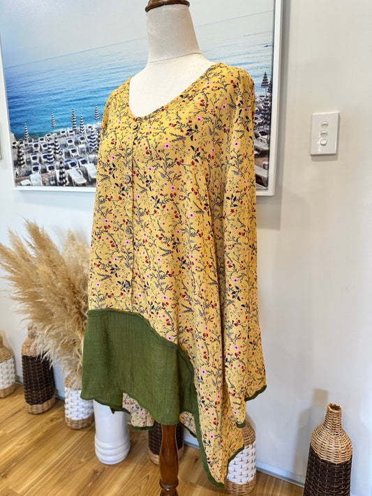 Bohemian Blouse - Extra Large - Yellow with floral pattern