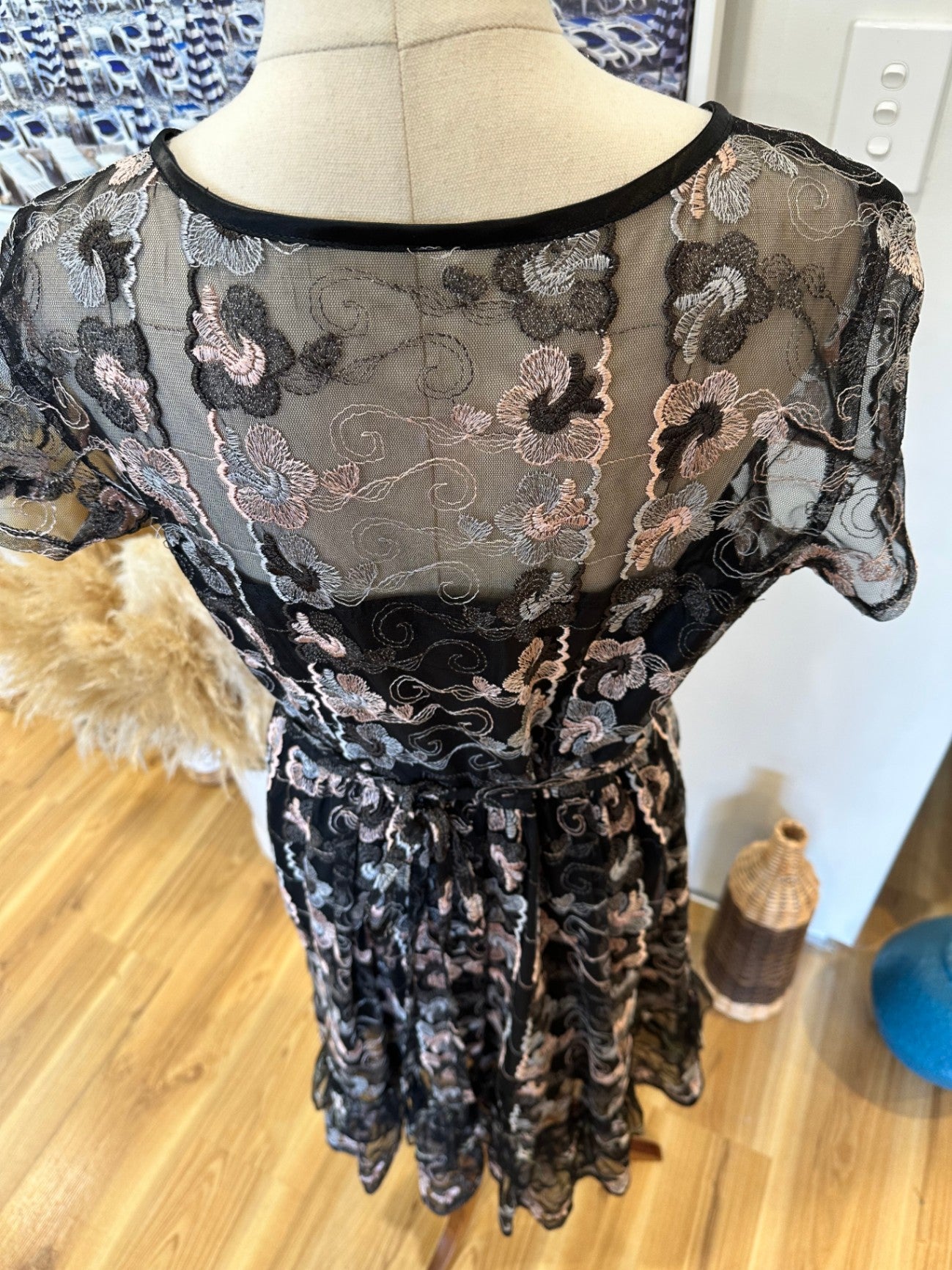 Dress - Small - Black with multicoloured floral embroidery