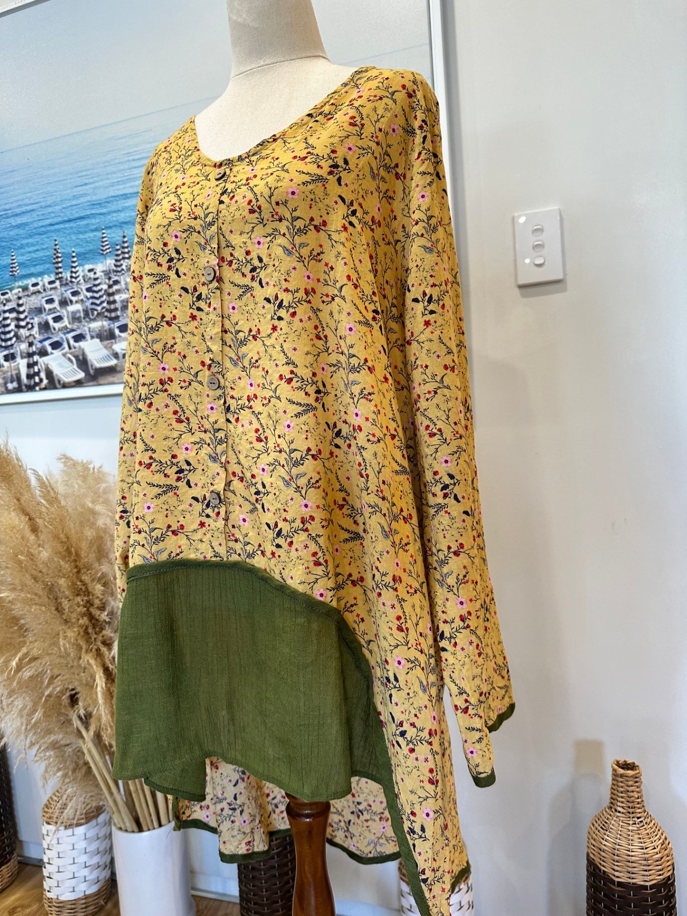 Bohemian Blouse - Extra Large - Yellow with floral pattern