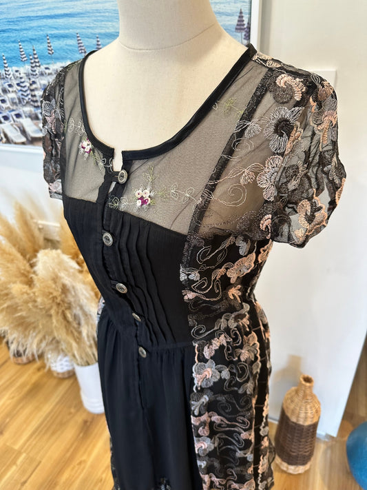 Dress - Small - Black with multicoloured floral embroidery