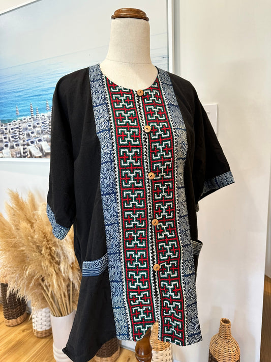 Traditional Embroidery Top / Shirt - Large - Black, Red, Green, Blue, White