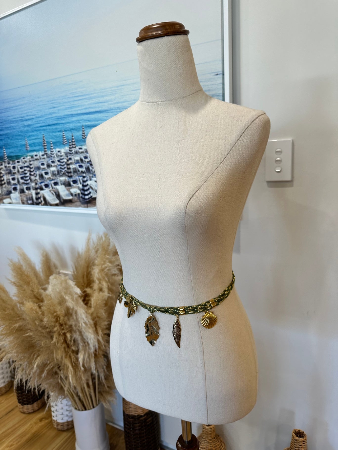 Vintage Belt - Green and Gold w leaf / shell adornment