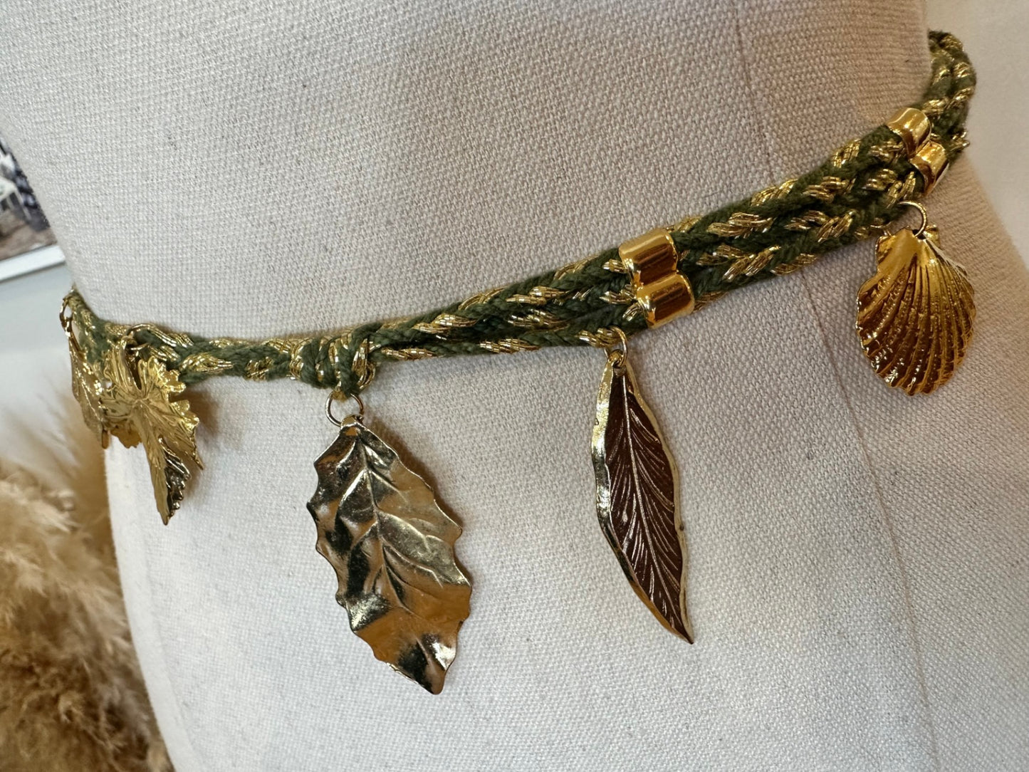Vintage Belt - Green and Gold w leaf / shell adornment