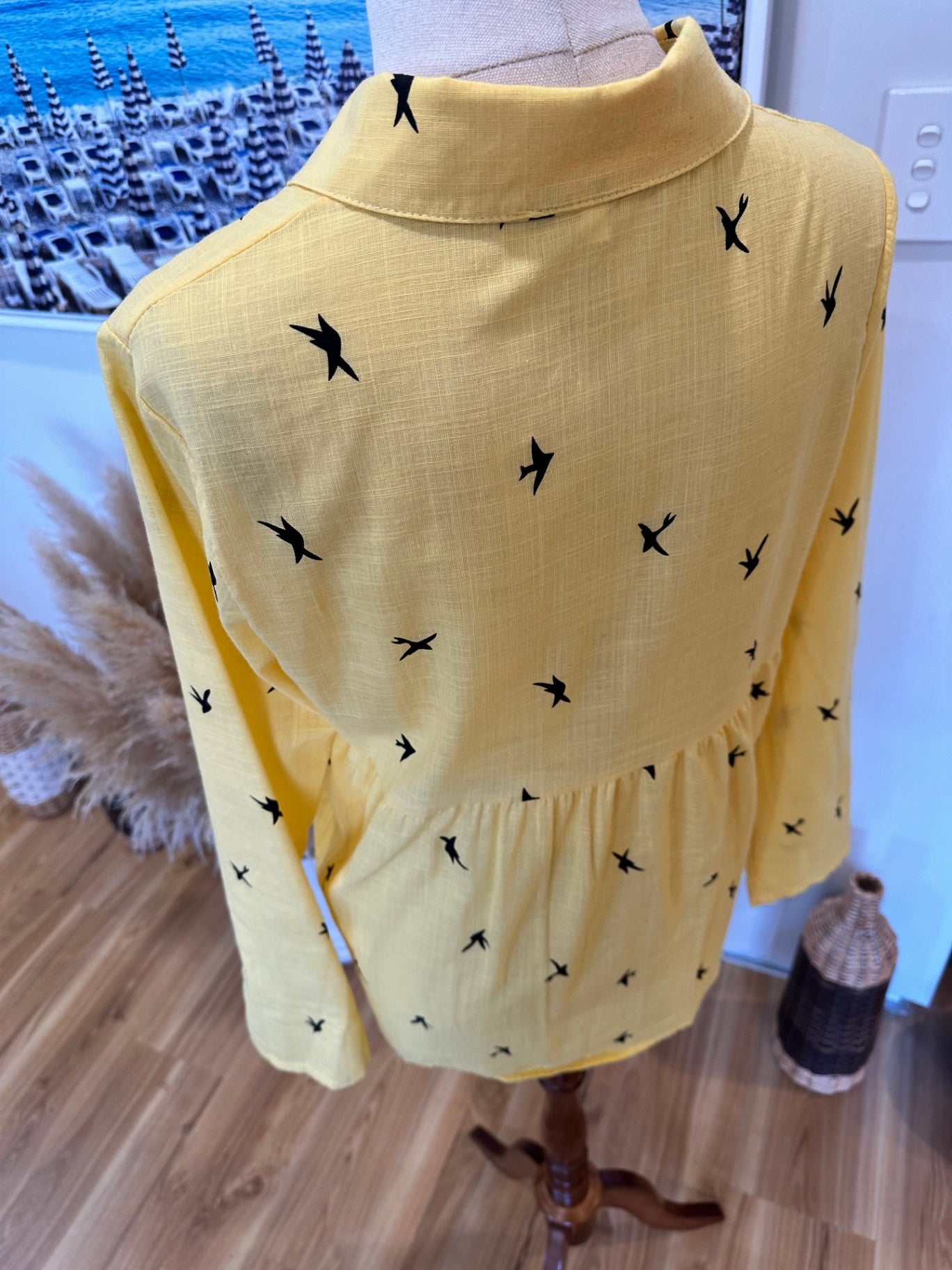 Yellow Shirt w Bird Print - Medium